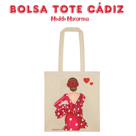 👜 IllustrArte Bolsa Tote Cádiz Diseño Flamenca “Macarena” | Algodón 135 g/m² (38 x 42 cm) | Asas Largas de 60 cm | Impresión en un Lado | Bolsa Reutilizable y Ligera (Soporta hasta 5 kg)