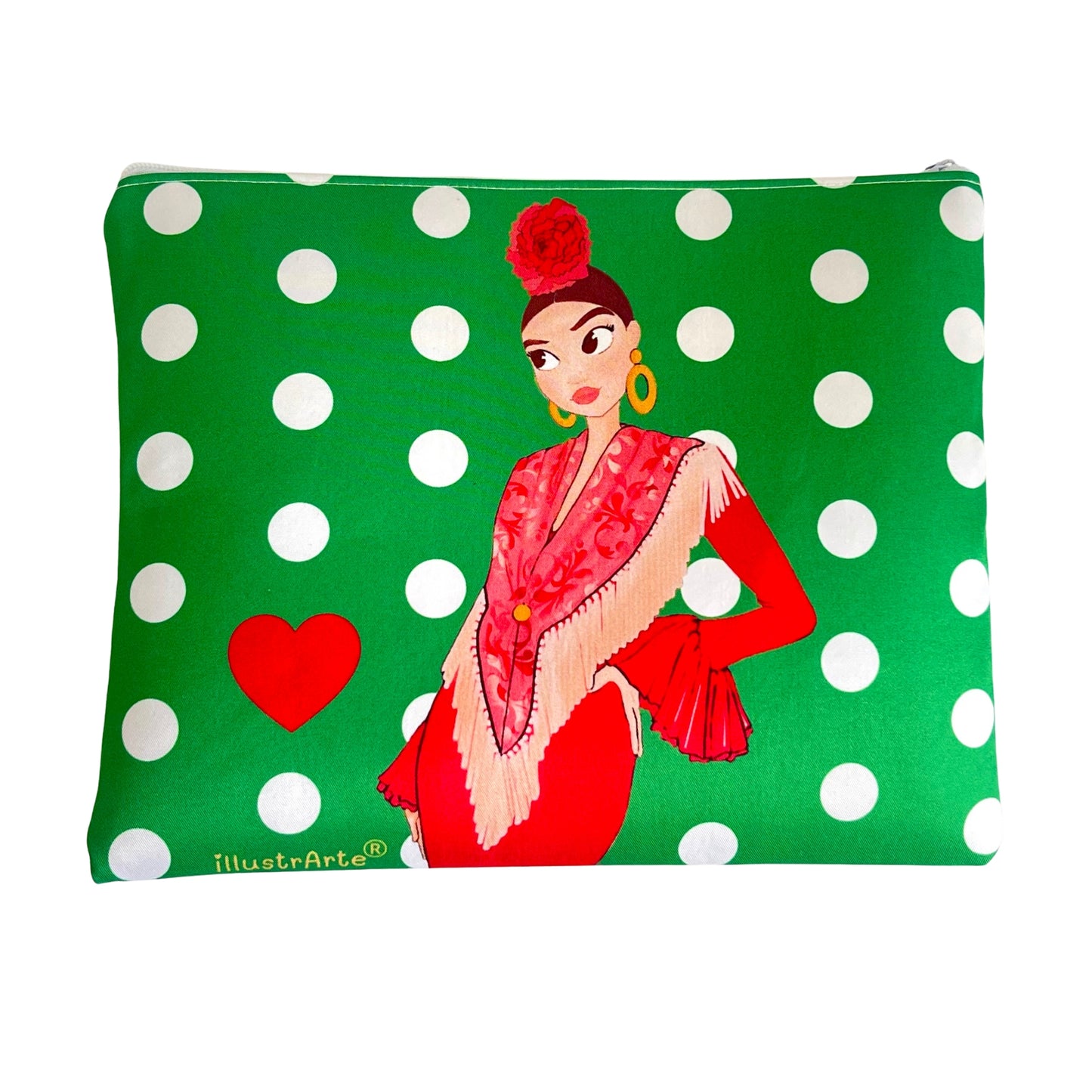 Neceser o Estuche Granada Flamenca “Lucía” – Diseño Doble Cara – Fondo Blanco con Lunares Negros – 22x17 cm – Impermeable – Bolsa de Aseo, Maquillaje o Material Escolar