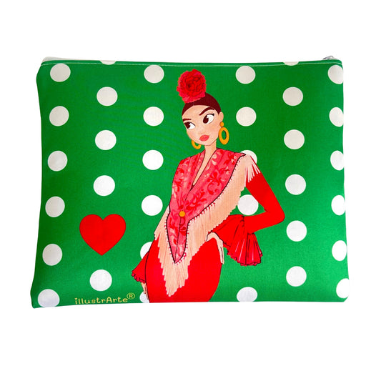 Neceser o Estuche Granada Flamenca “Lucía” – Diseño Doble Cara – Fondo Blanco con Lunares Negros – 22x17 cm – Impermeable – Bolsa de Aseo, Maquillaje o Material Escolar