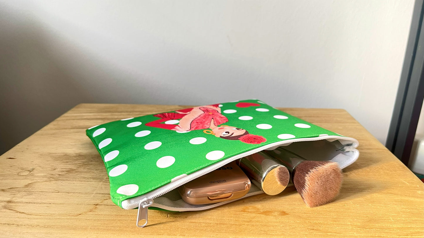 Neceser o Estuche Granada Flamenca “Lucía” – Diseño Doble Cara – Fondo Blanco con Lunares Negros – 22x17 cm – Impermeable – Bolsa de Aseo, Maquillaje o Material Escolar