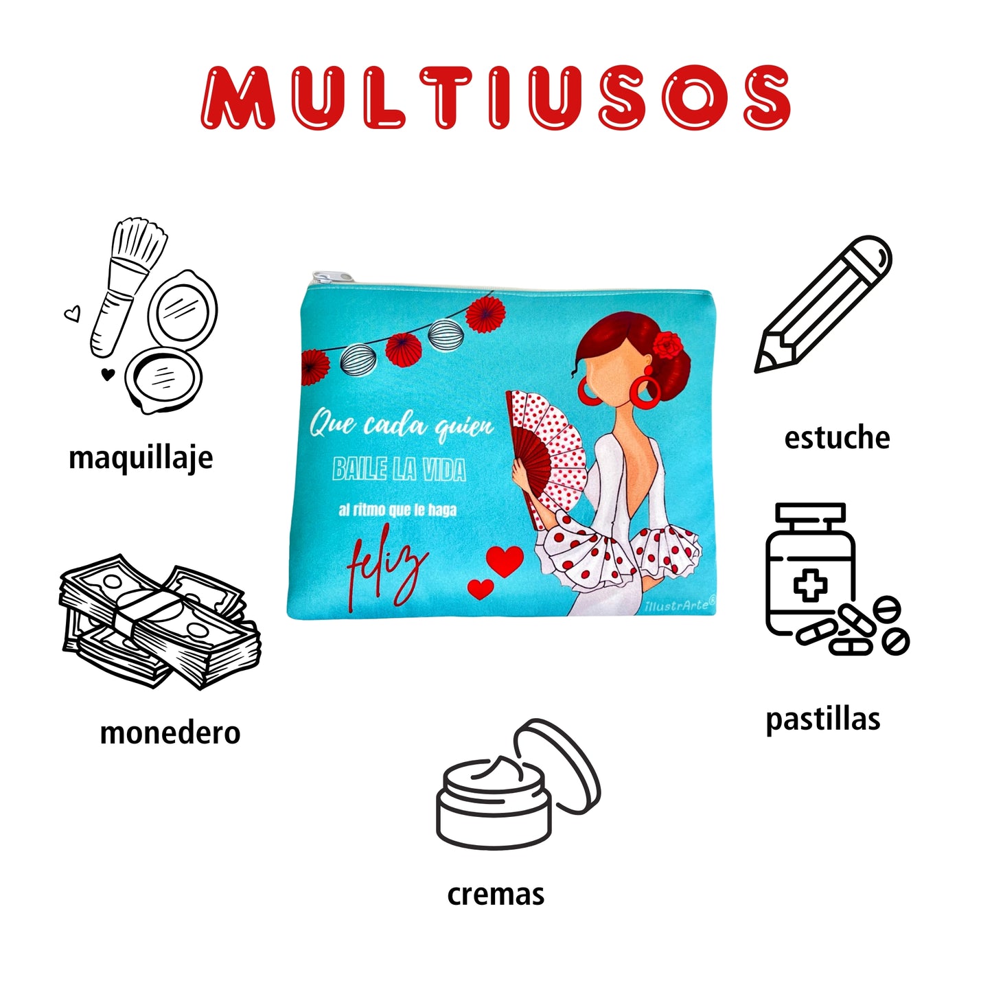 Pack Regalo Flamenca Pepa Feliz – Botella Térmica Roja con Vestido Blanco + Neceser Granada “Pepa Feliz Fondo Turquesa”