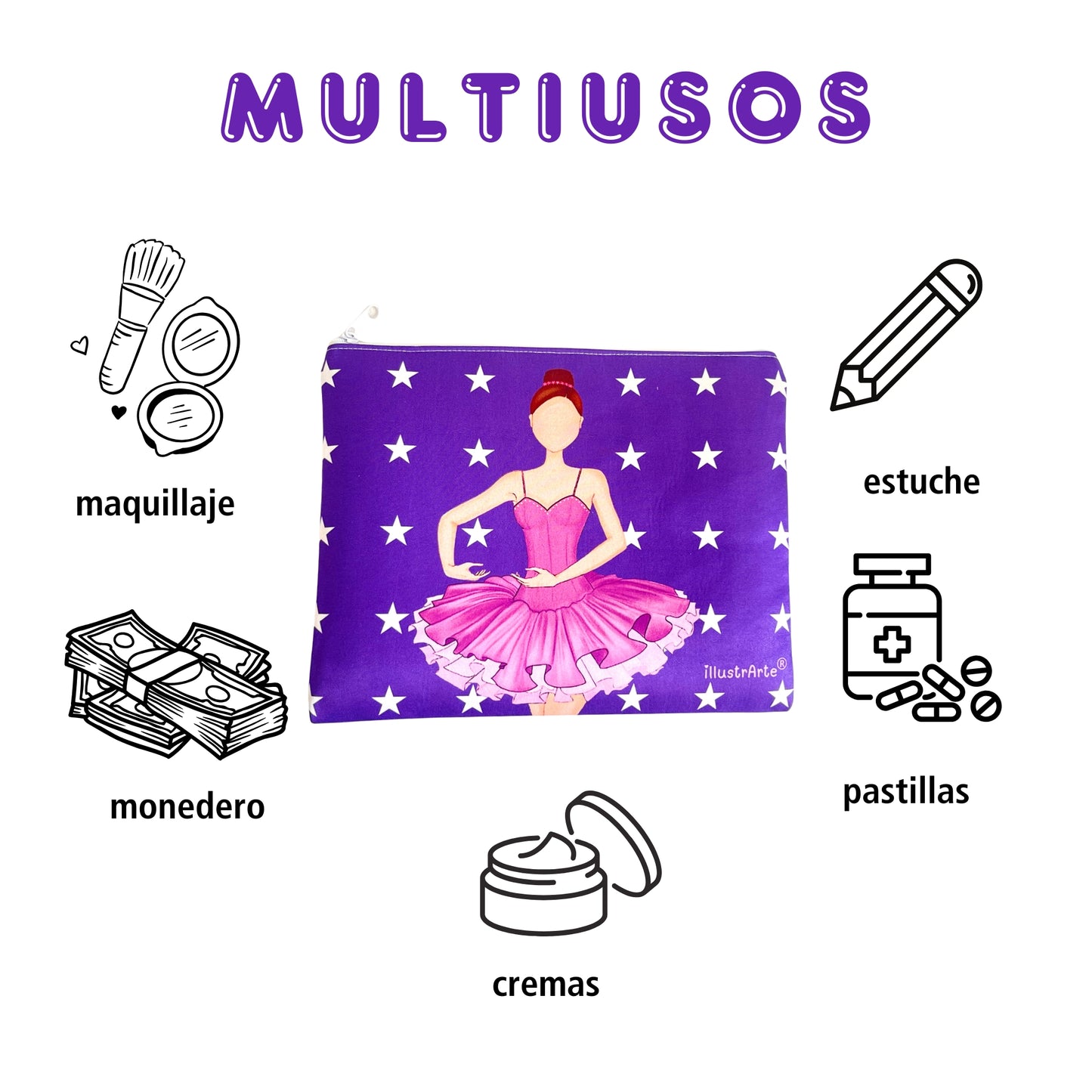 Neceser o Estuche Granada Bailarina “Sara” – Diseño Doble Cara – Fondo Blanco con Lunares Negros – 22x17 cm – Impermeable – Bolsa de Aseo, Maquillaje o Material