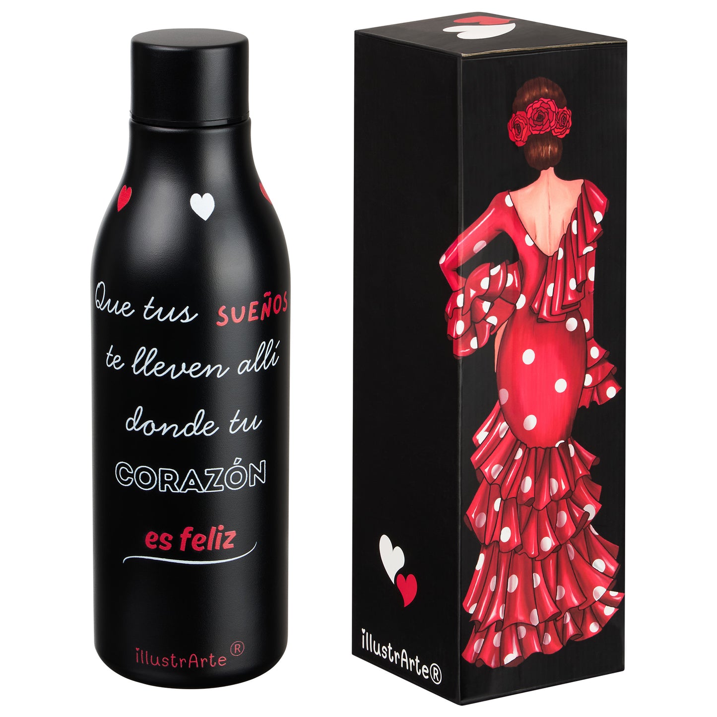 Pack Regalo Flamenca Macarena – Botella Térmica Negra con Vestido Rojo + Neceser Granada “Macarena Fondo Negro”