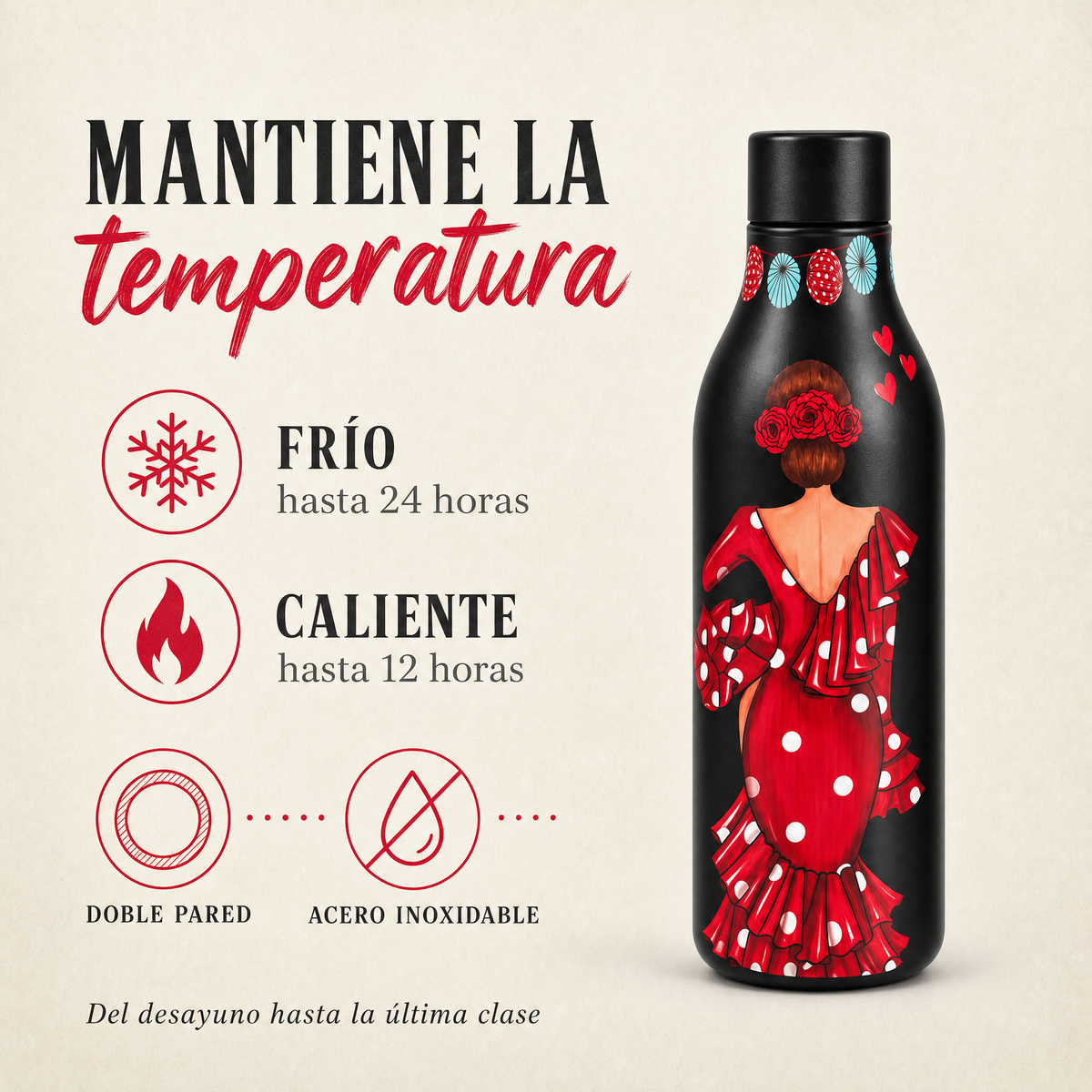 Botella térmica flamenca illustrArte 500 ml – diseño Macarena – mantiene la temperatura: frío 24 h y calor 12 h