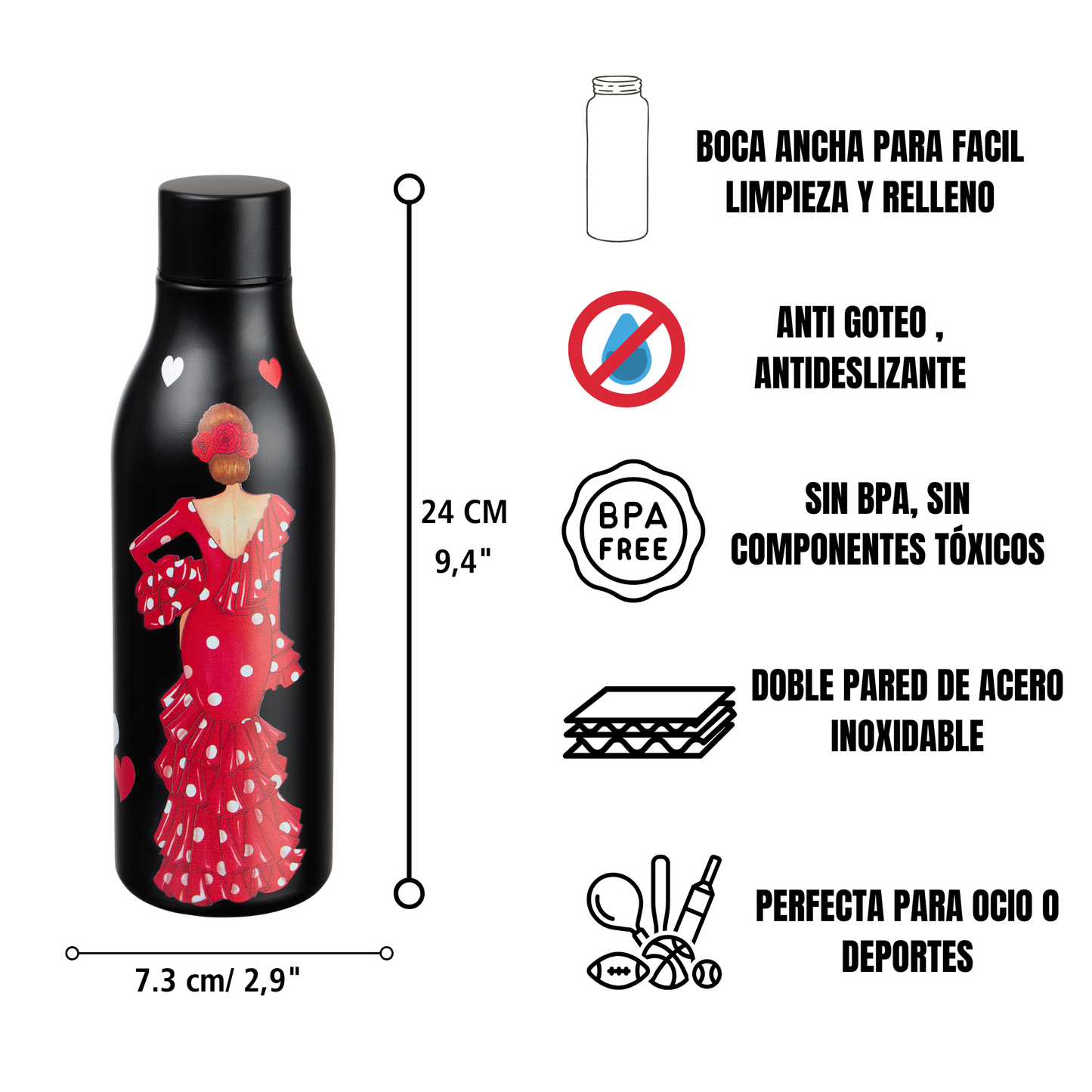 Pack Regalo Flamenca Macarena – Botella Térmica Negra con Vestido Rojo + Neceser Granada “Macarena Fondo Negro”