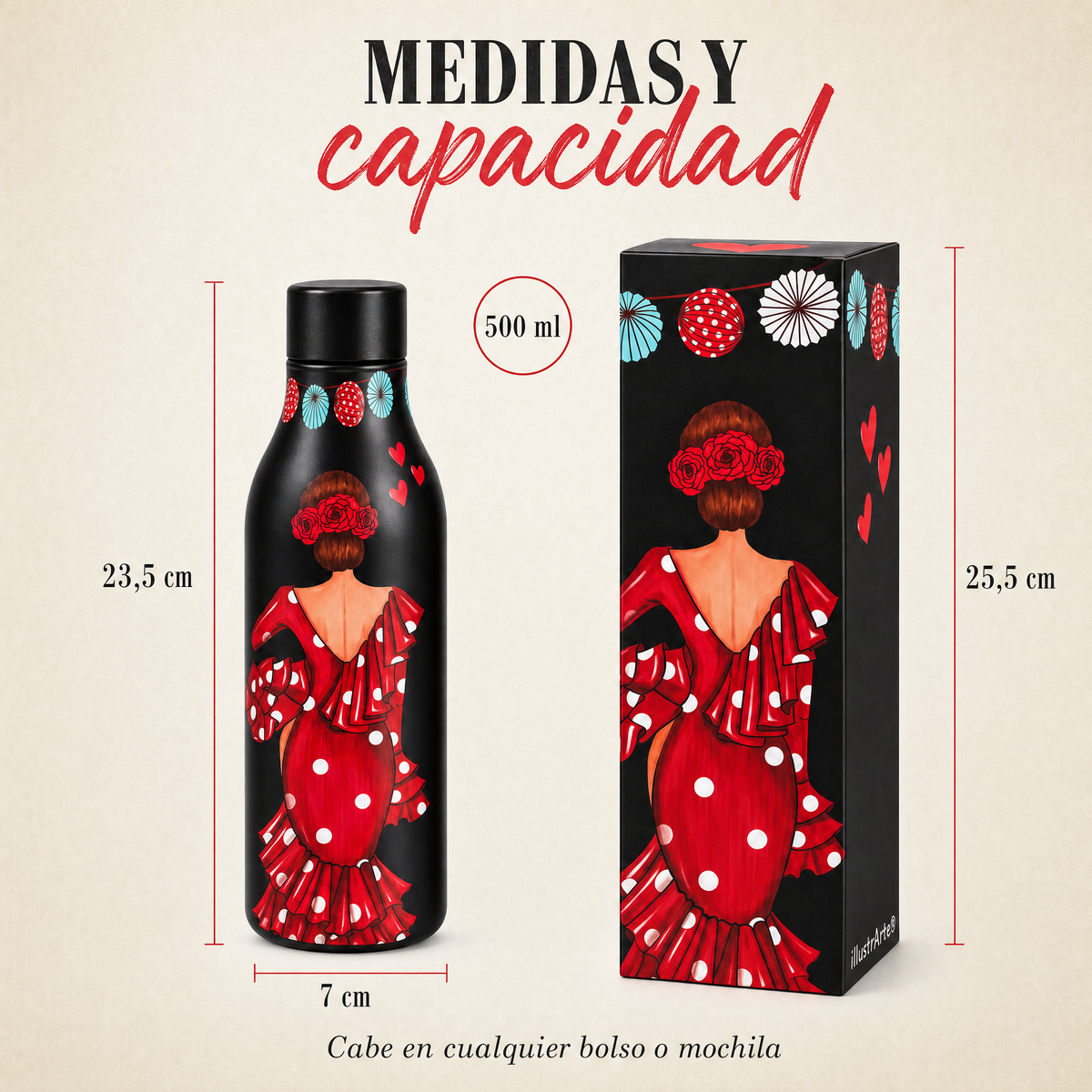 Botella térmica flamenca illustrArte 500 ml – diseño Macarena – medidas y capacidad de 500 ml