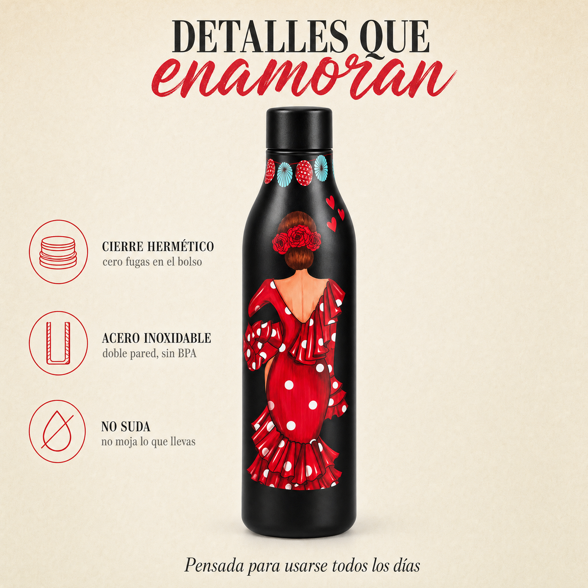 Botella térmica flamenca illustrArte 500 ml – diseño Macarena – detalles: tapón hermético y acero inoxidable