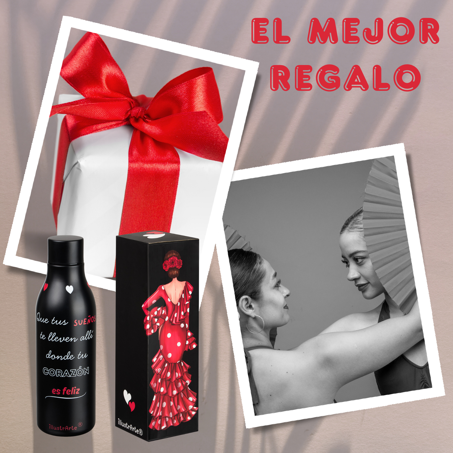 Pack Regalo Flamenca Macarena – Botella Térmica Negra con Vestido Rojo + Neceser Granada “Macarena Fondo Negro”