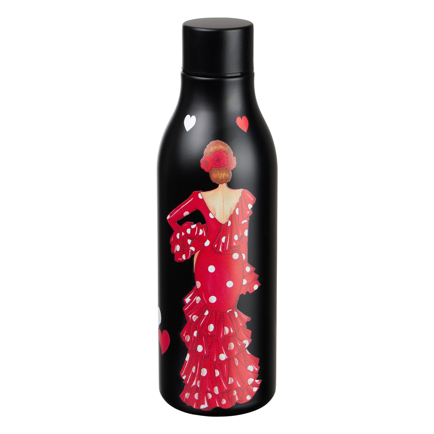 Pack Regalo Flamenca Macarena – Botella Térmica Negra con Vestido Rojo + Bolsa Cádiz “Macarena Vestido Rojo”