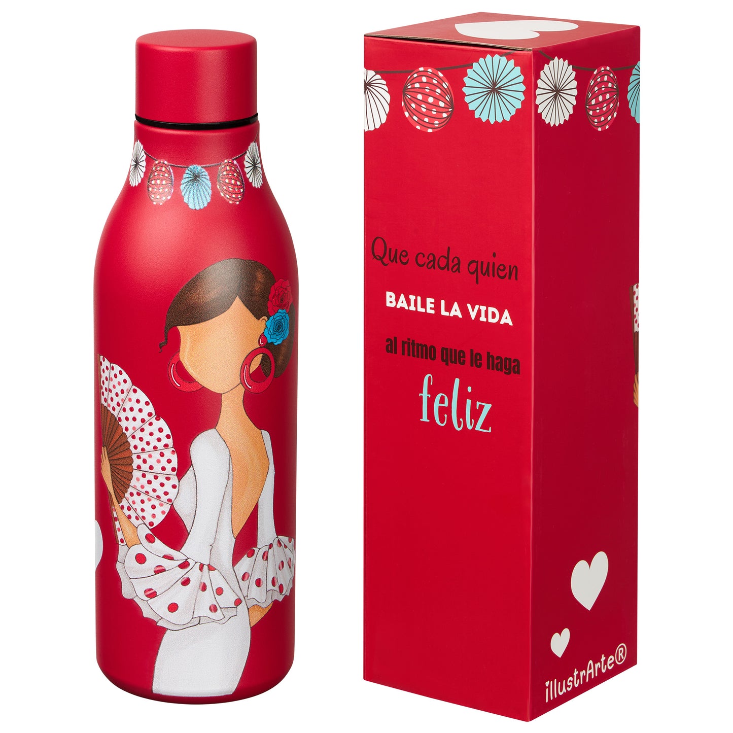 Pack Regalo Flamenca Pepa Feliz – Botella Térmica Roja con Vestido Blanco + Bolsa Cádiz “Pepa Feliz Fondo Turquesa”
