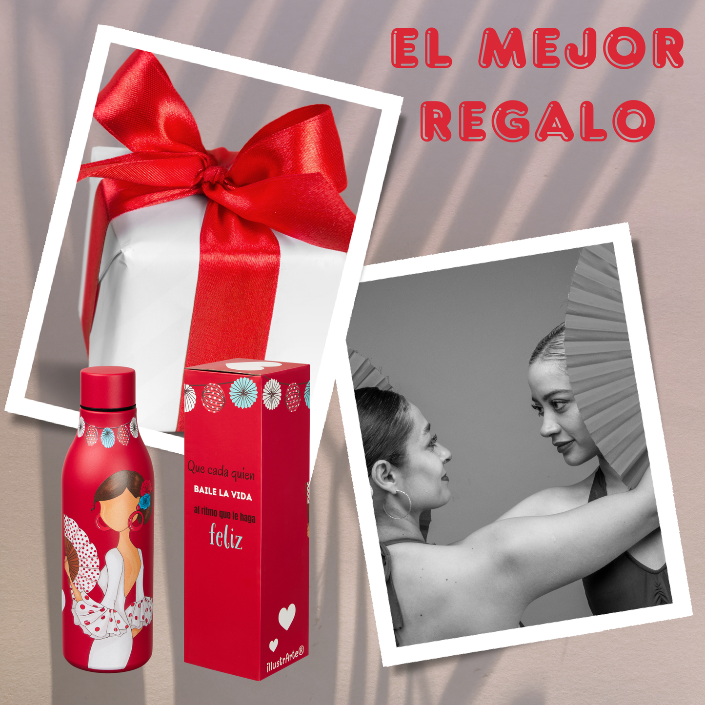 Pack Regalo Flamenca Pepa Feliz – Botella Térmica Roja con Vestido Blanco + Neceser Granada “Pepa Feliz Fondo Turquesa”