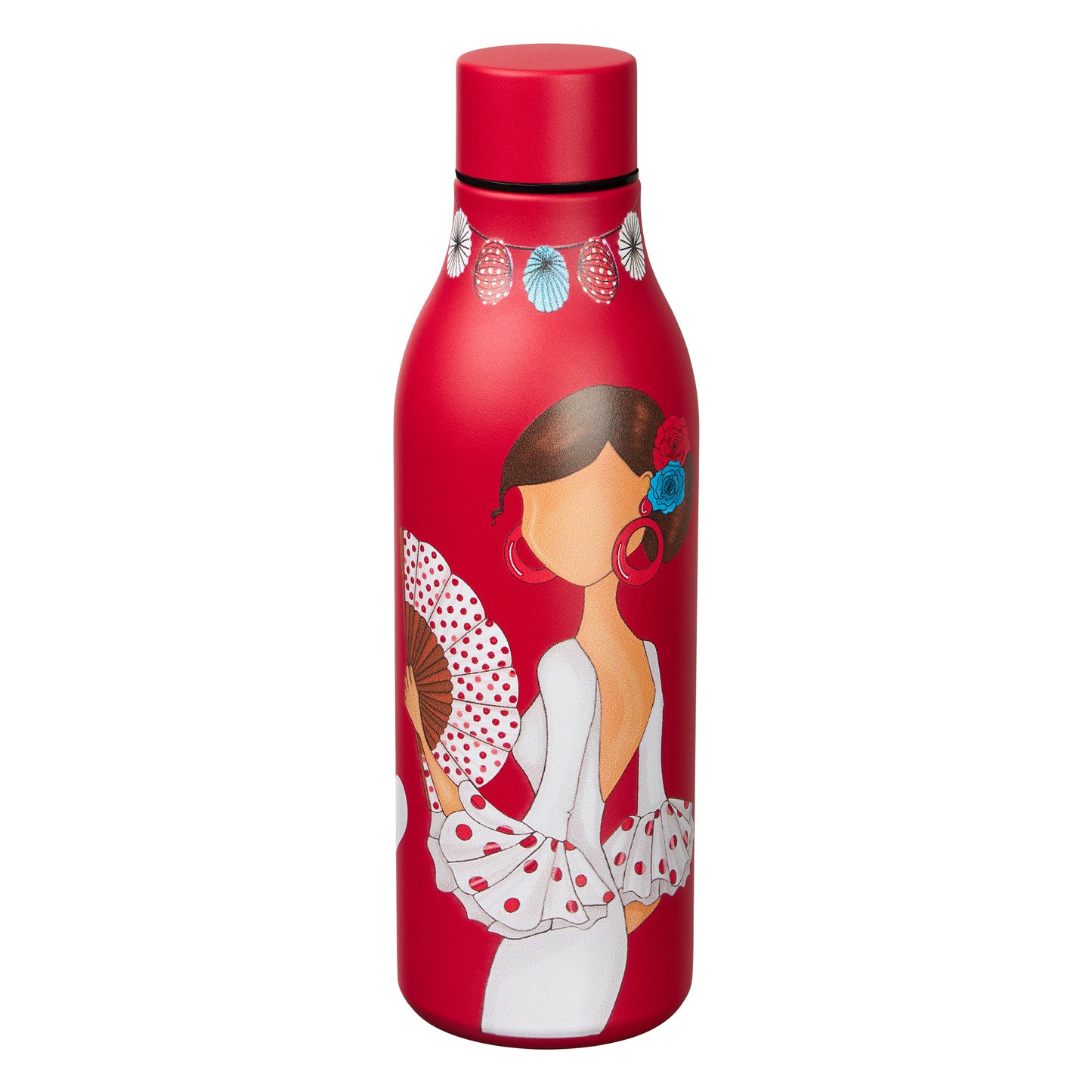 Pack Regalo Flamenca Pepa Feliz – Botella Térmica Roja con Vestido Blanco + Bolsa Cádiz “Pepa Feliz Fondo Turquesa”