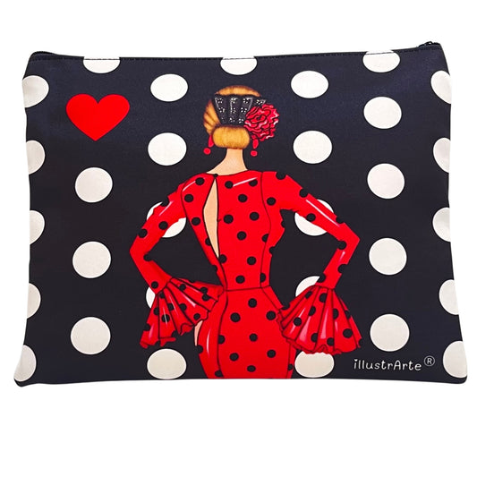 Granada “Flamenca María Blanco” Toiletry Bag or Case – Double-Sided Design – Red Background with White Polka Dots – 22x17 cm – Waterproof – Toiletry Bag, Makeup Bag or School Supplies