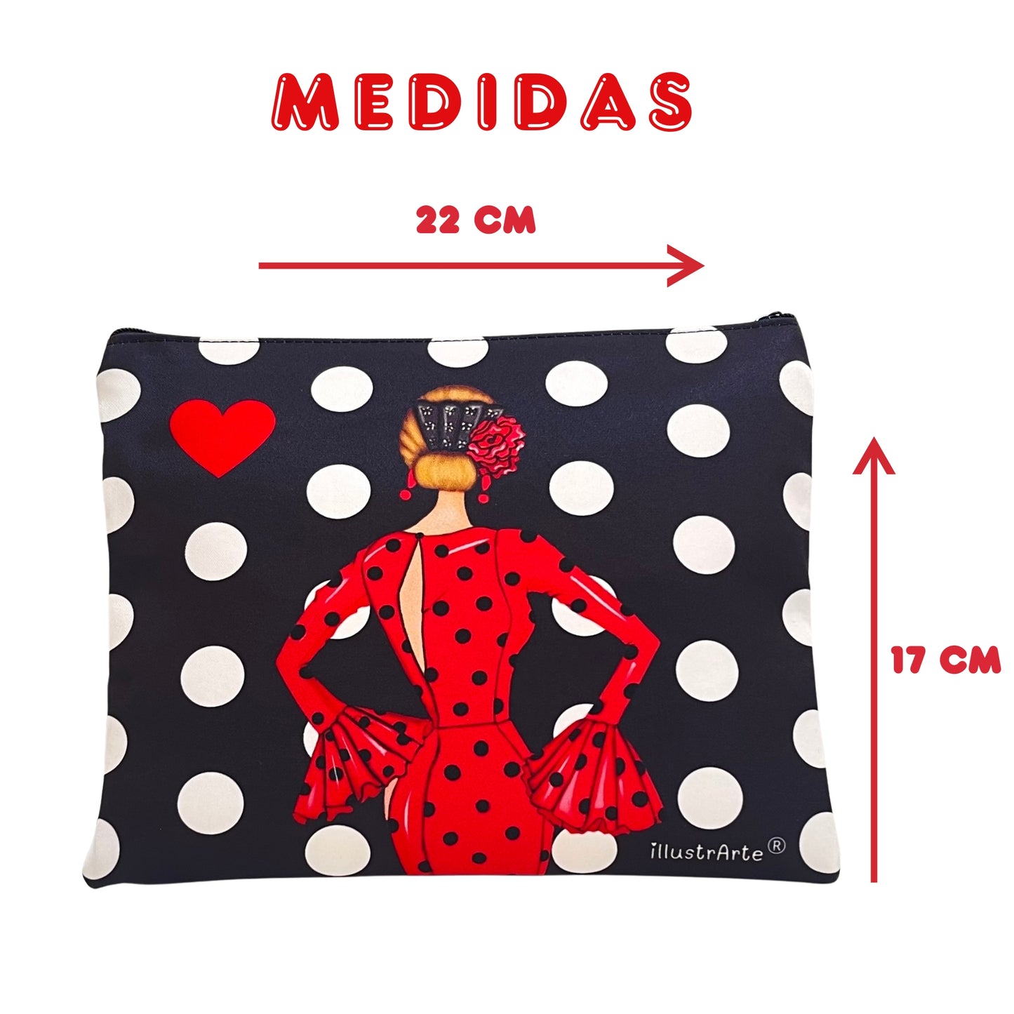 Granada “Flamenca María Blanco” Toiletry Bag or Case – Double-Sided Design – Red Background with White Polka Dots – 22x17 cm – Waterproof – Toiletry Bag, Makeup Bag or School Supplies