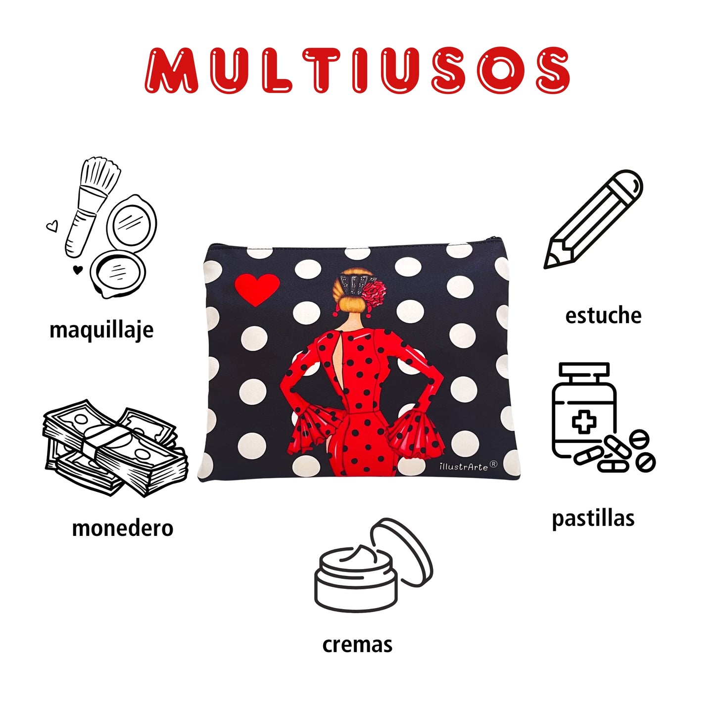 Granada “Flamenca María Blanco” Toiletry Bag or Case – Double-Sided Design – Red Background with White Polka Dots – 22x17 cm – Waterproof – Toiletry Bag, Makeup Bag or School Supplies