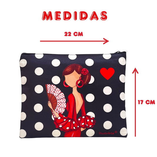 Granada “Flamenca María Blanco” Toiletry Bag or Case – Double-Sided Design – Red Background with White Polka Dots – 22x17 cm – Waterproof – Toiletry Bag, Makeup Bag or School Supplies