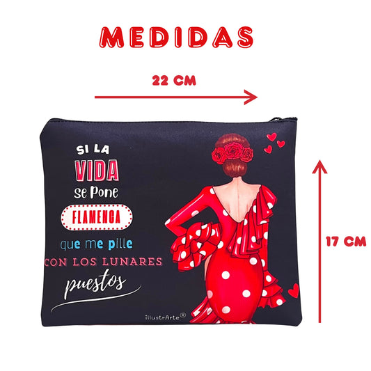 Granada “Flamenca María Blanco” Toiletry Bag or Case – Double-Sided Design – Red Background with White Polka Dots – 22x17 cm – Waterproof – Toiletry Bag, Makeup Bag or School Supplies