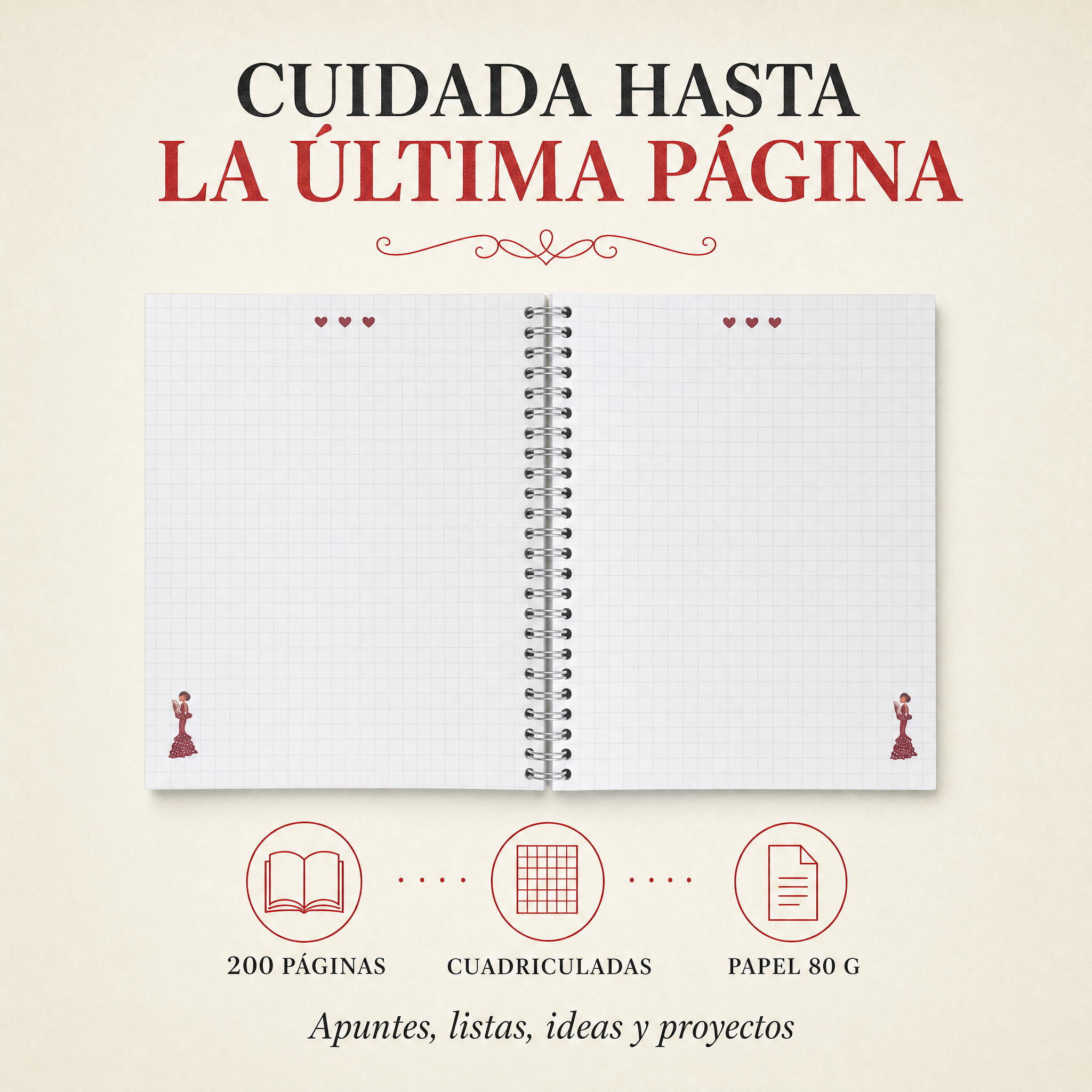 Interior de la libreta con 200 páginas cuadriculadas, diseño Pepa Lunares