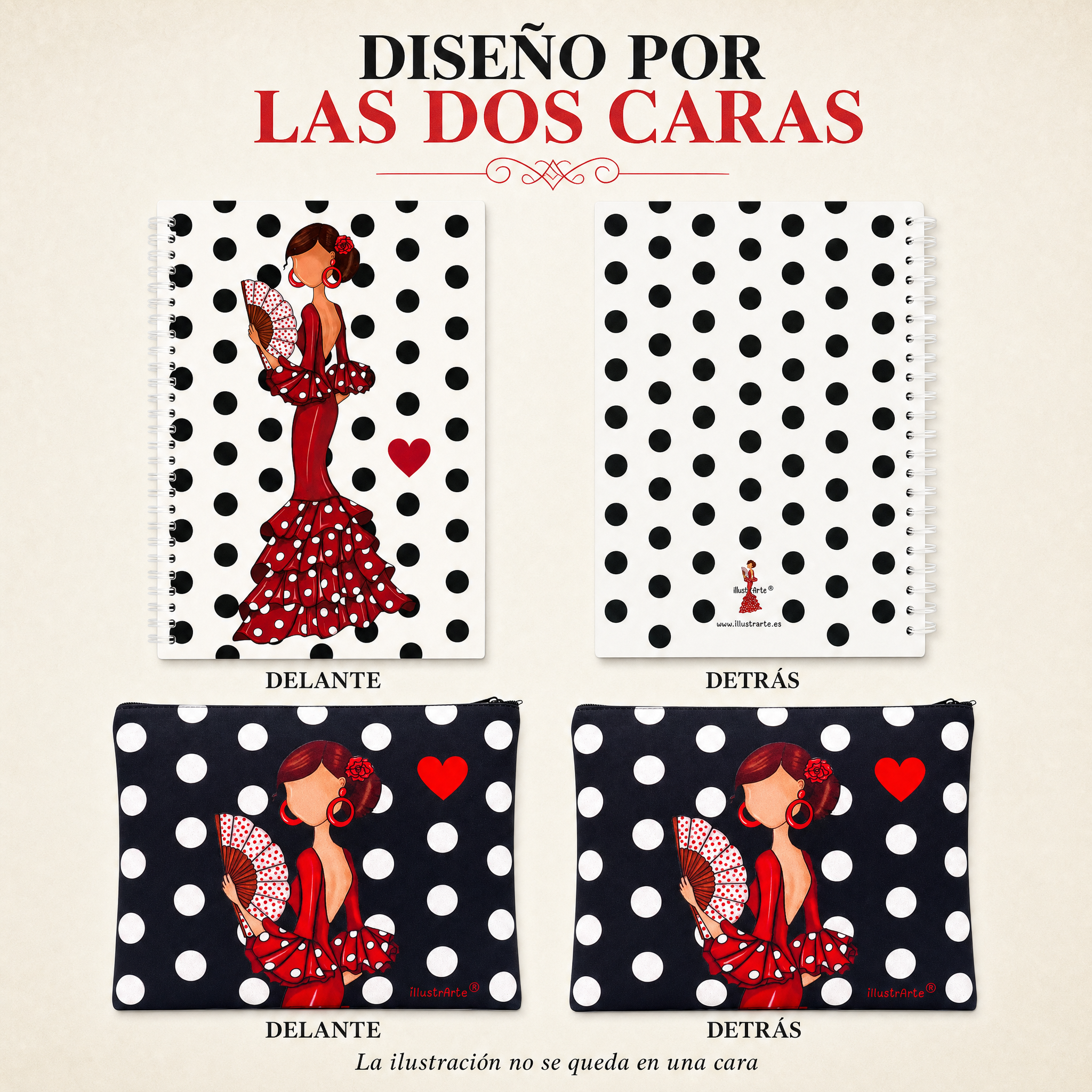 Estuche y libreta ilustrados por las dos caras, diseño Pepa Lunares