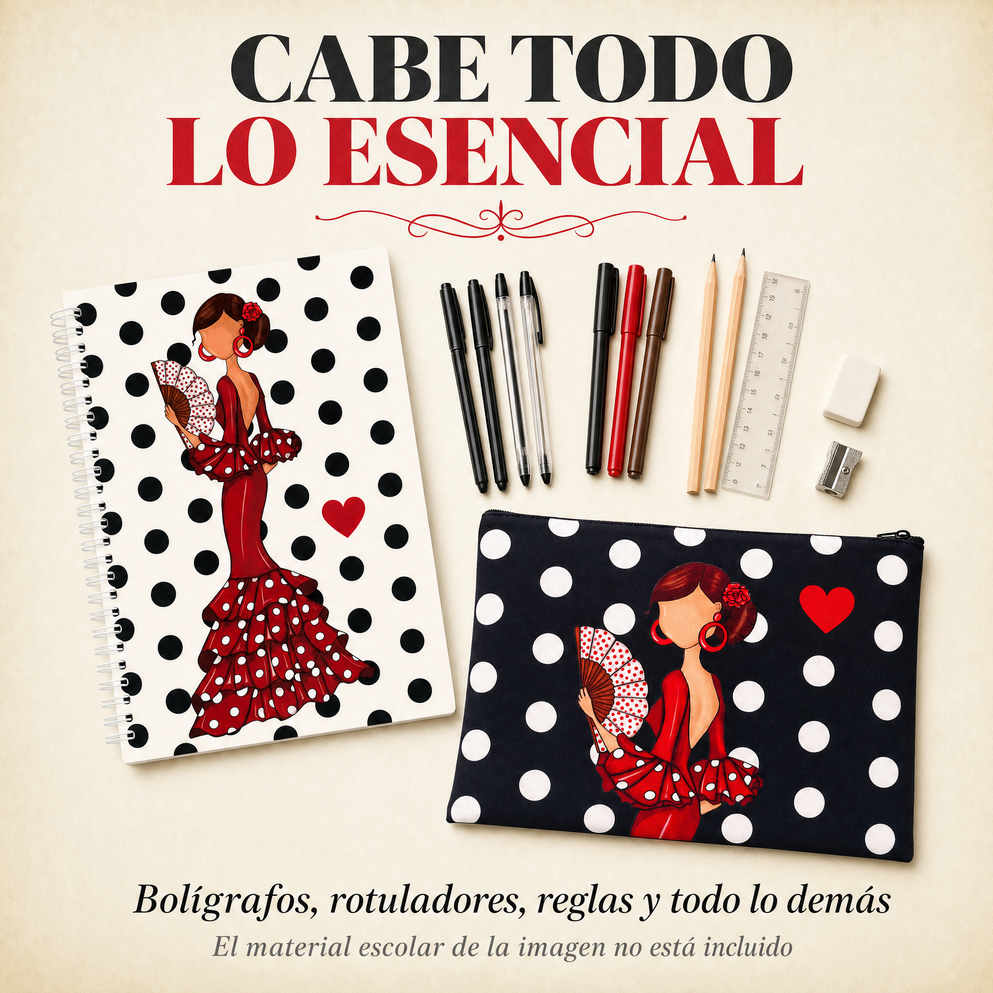 Capacidad del estuche con material escolar, diseño Pepa Lunares