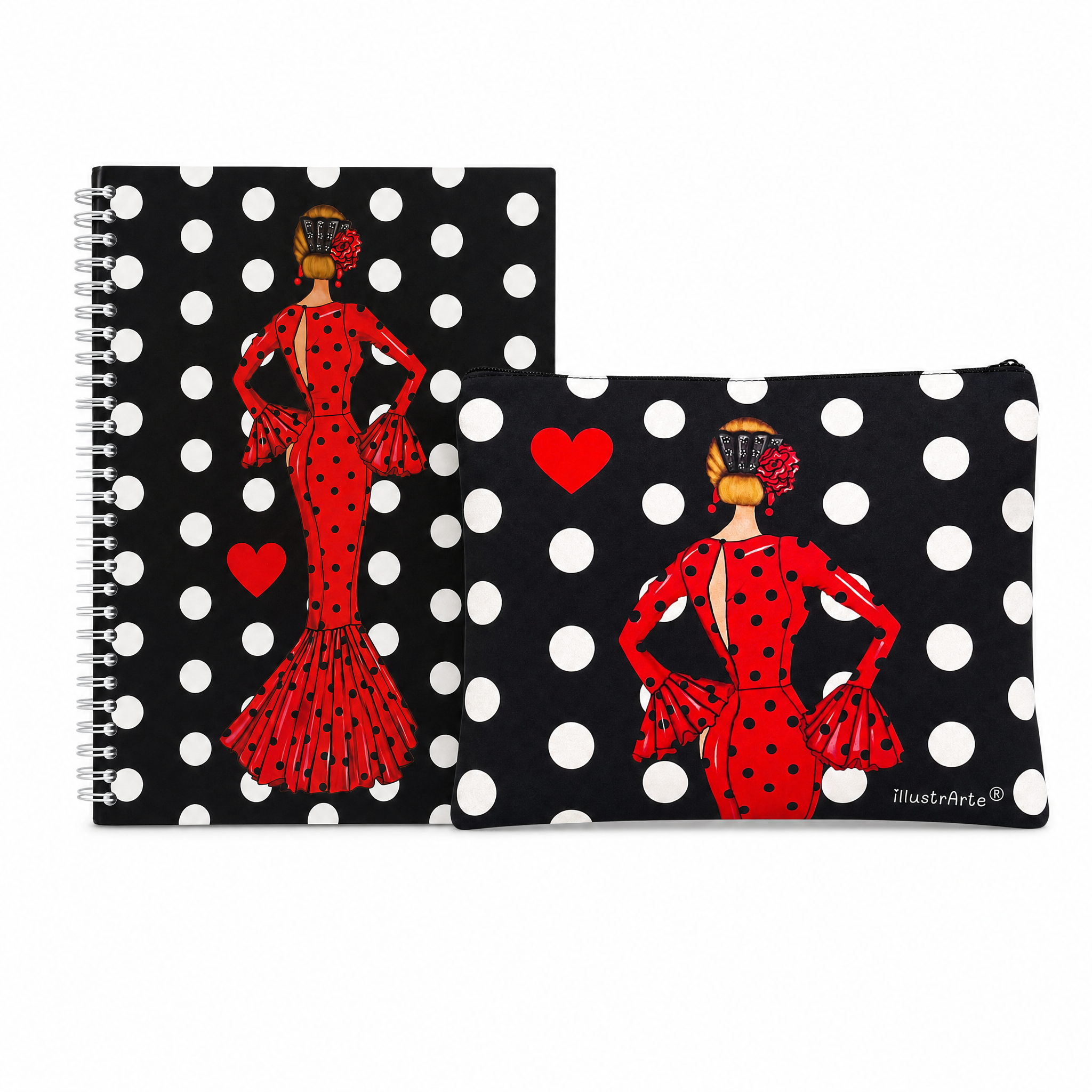 Pack estuche 22x17 cm y libreta 17x24 cm, diseño María Rojo Lunares