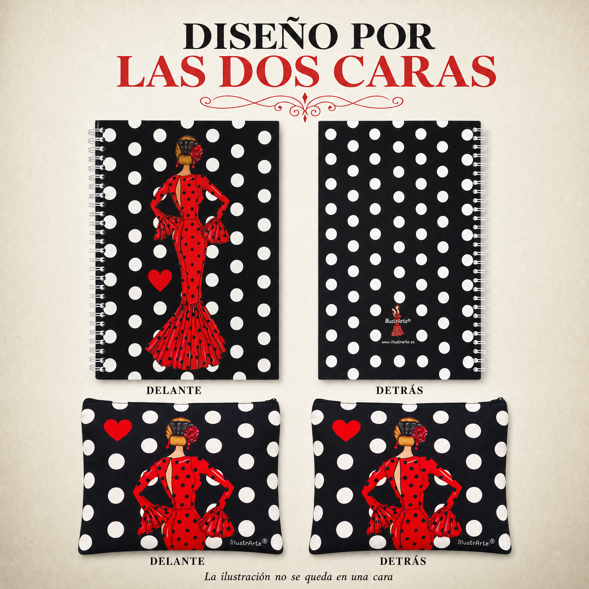 Estuche y libreta ilustrados por las dos caras, diseño María Rojo Lunares