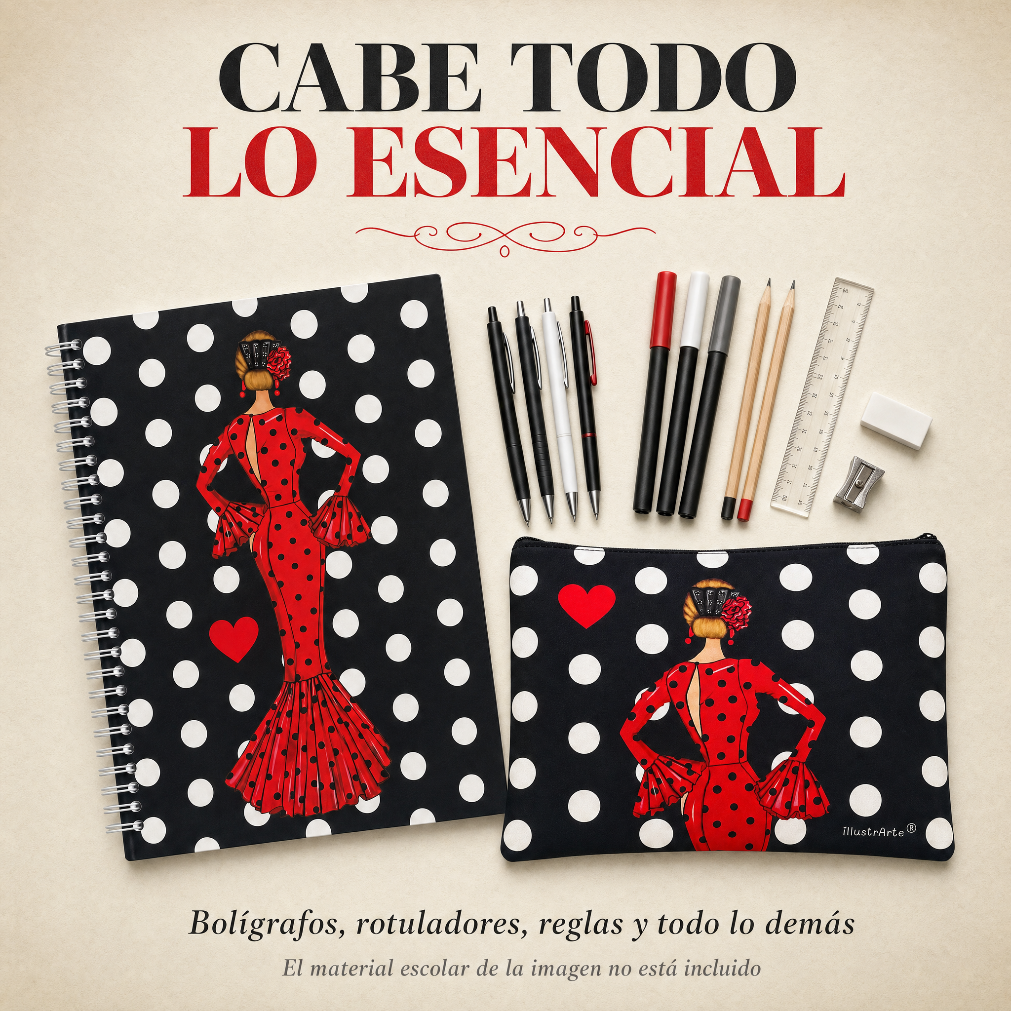 Capacidad del estuche con material escolar, diseño María Rojo Lunares