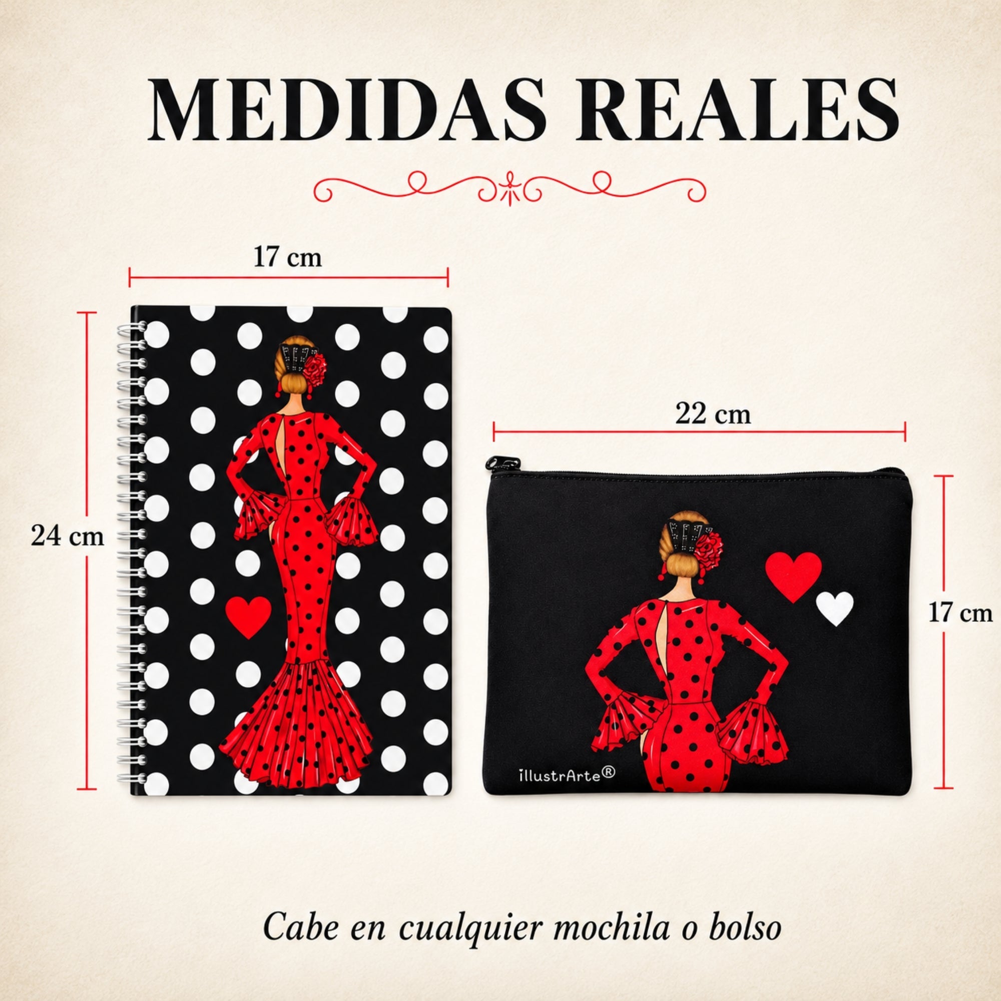 Medidas reales del estuche y la libreta, diseño María Rojo Liso