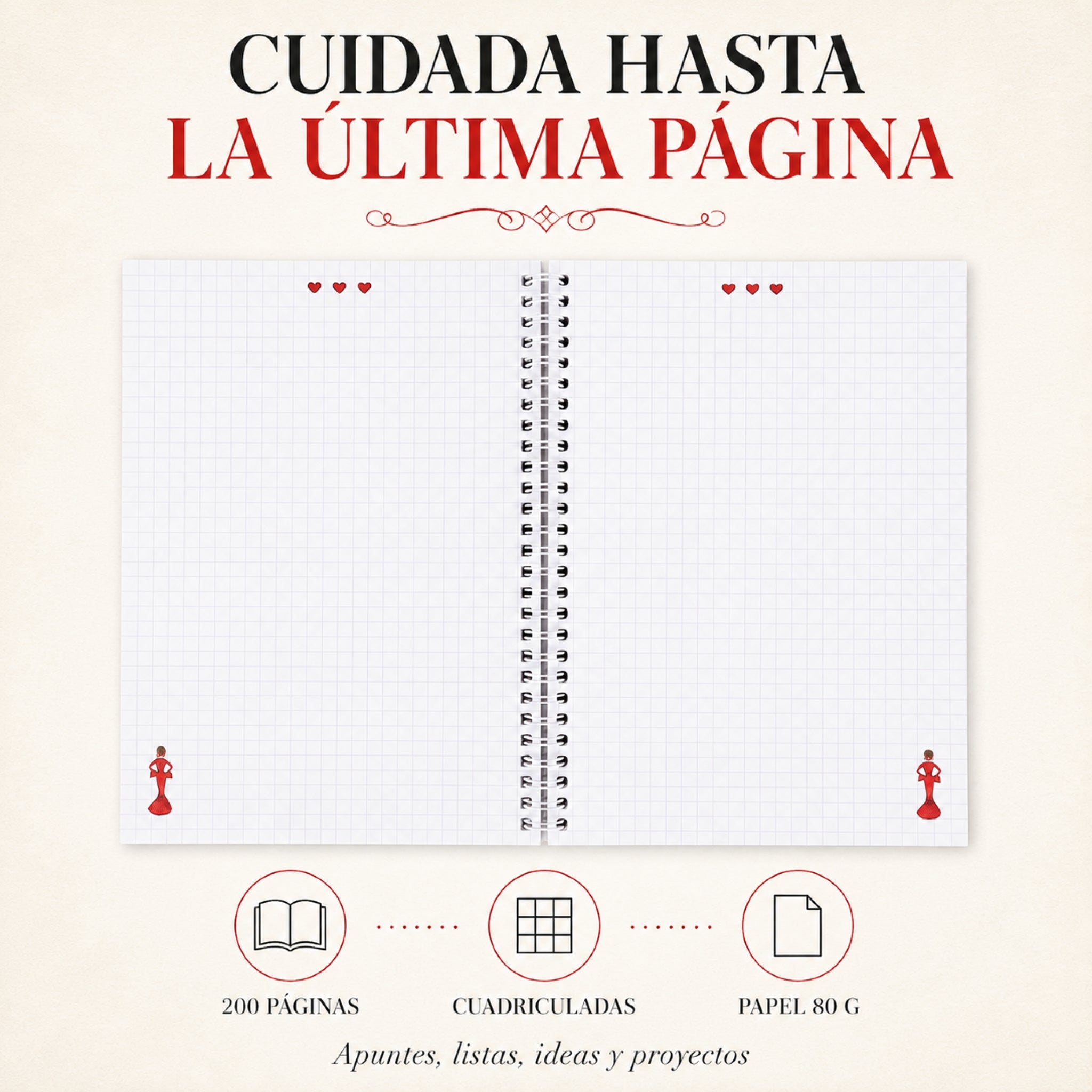 Interior de la libreta con 200 páginas cuadriculadas, diseño María Rojo Liso