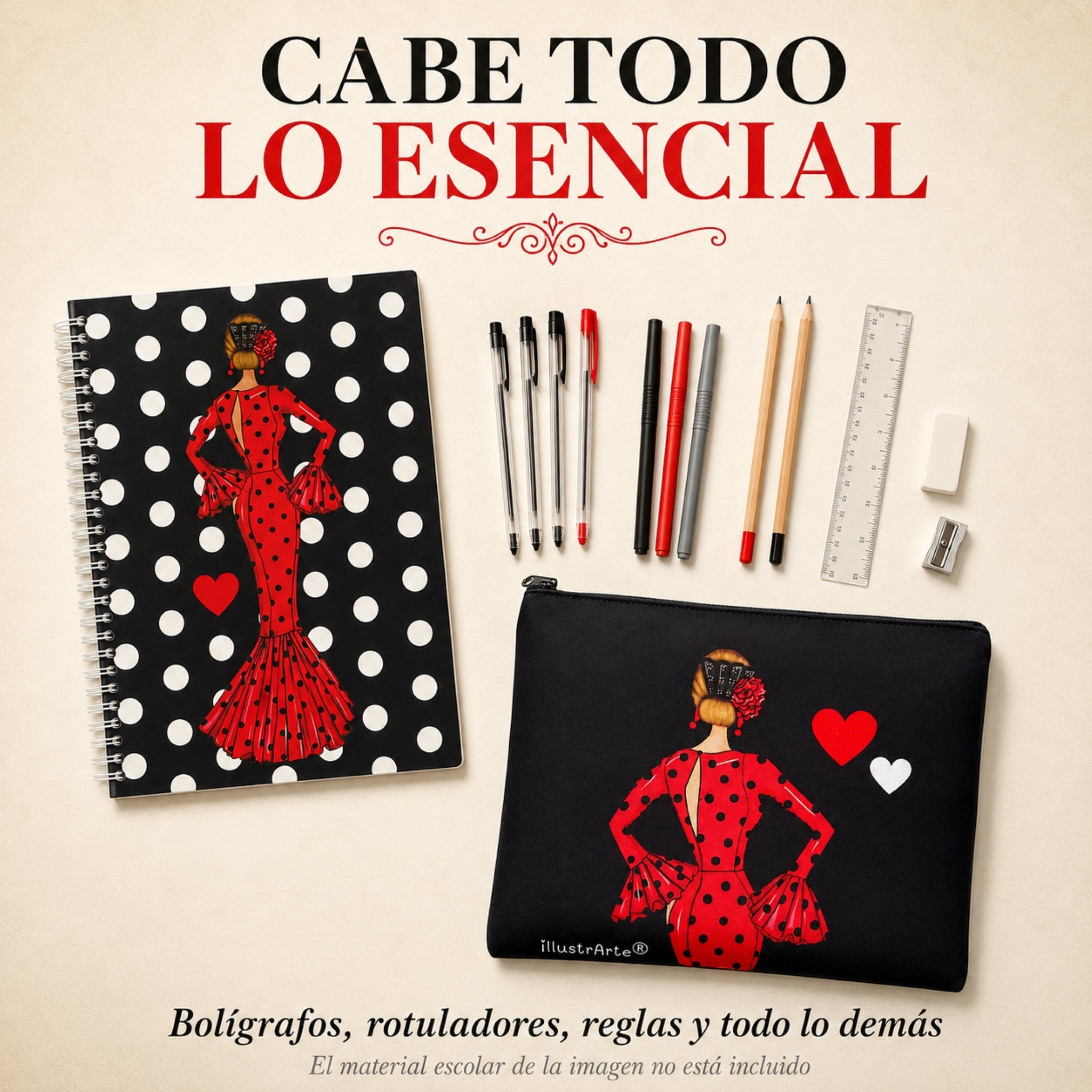Capacidad del estuche con material escolar, diseño María Rojo Liso
