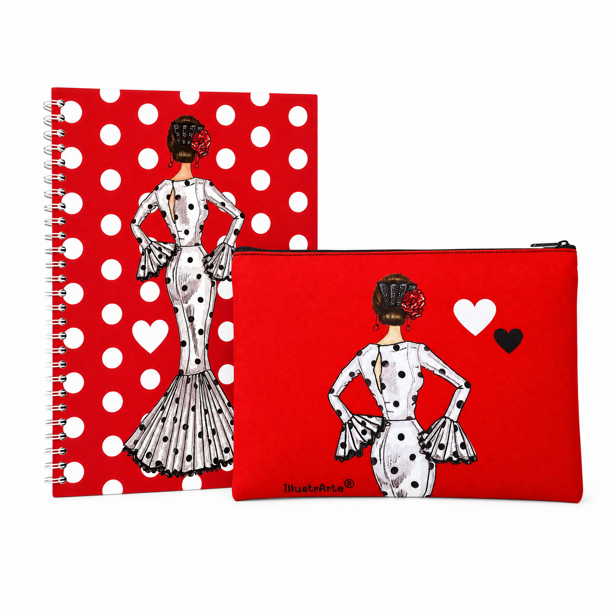 Pack estuche 22x17 cm y libreta 17x24 cm, diseño María Blanco Fondo Rojo
