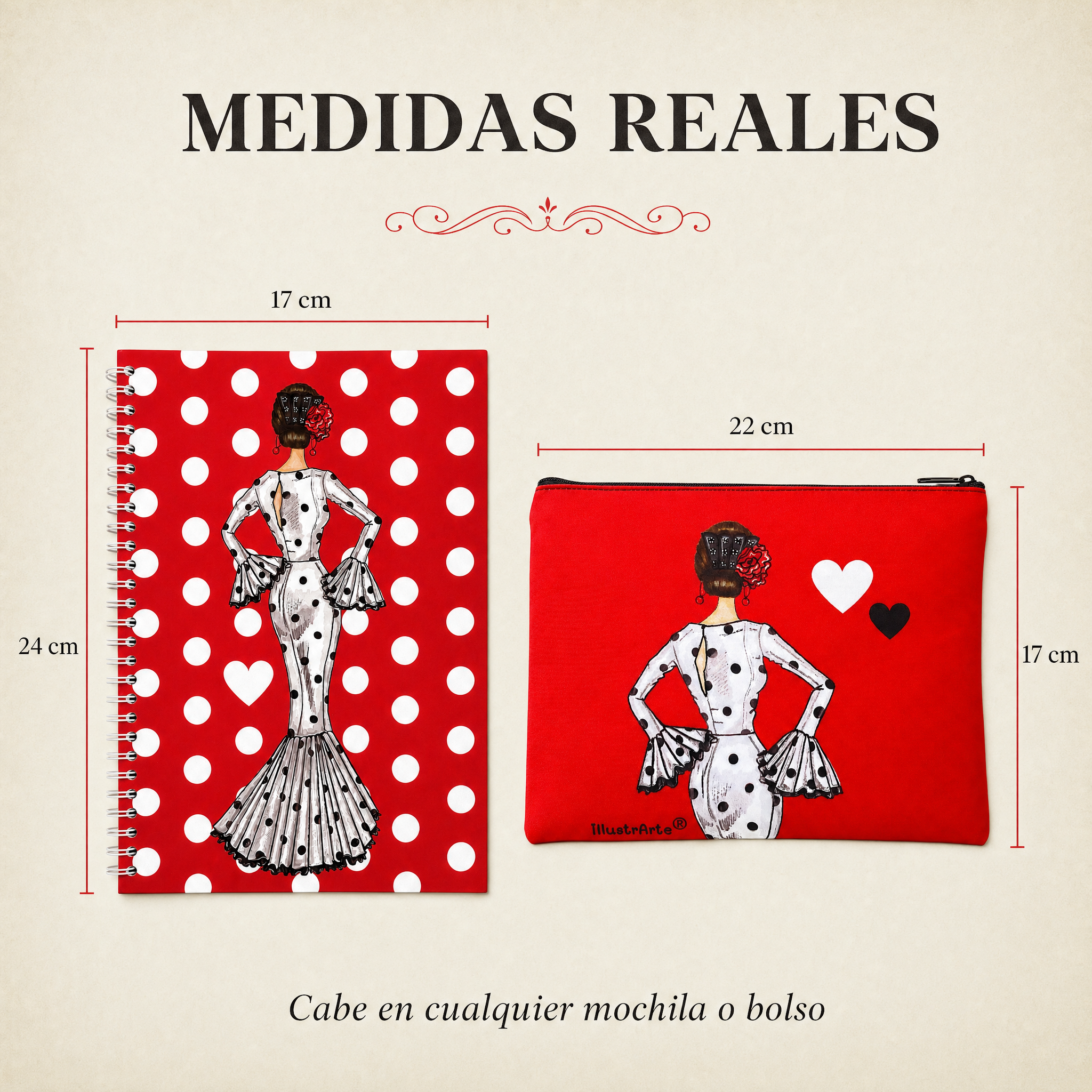 Medidas reales del estuche y la libreta, diseño María Blanco Fondo Rojo