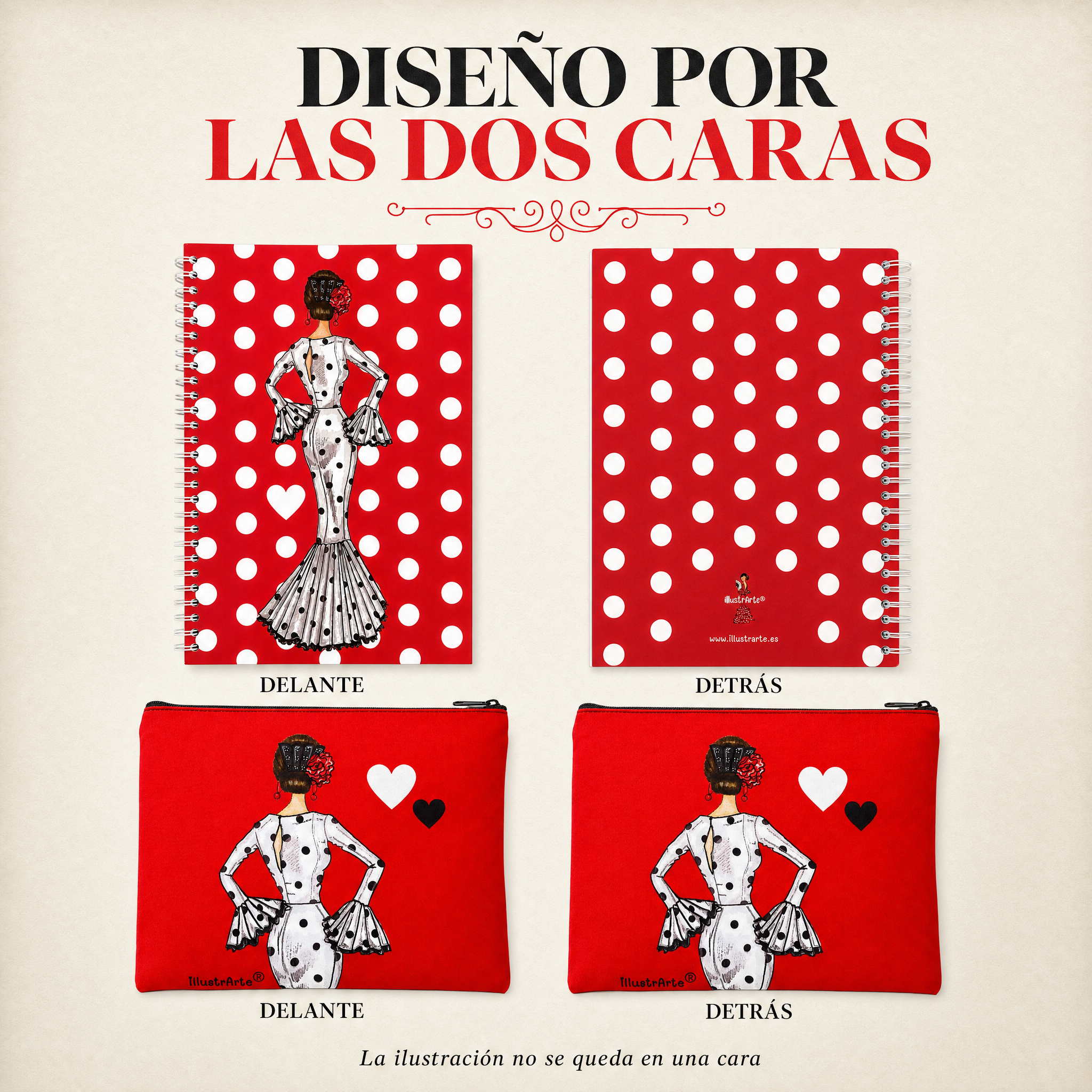 Estuche y libreta ilustrados por las dos caras, diseño María Blanco Fondo Rojo