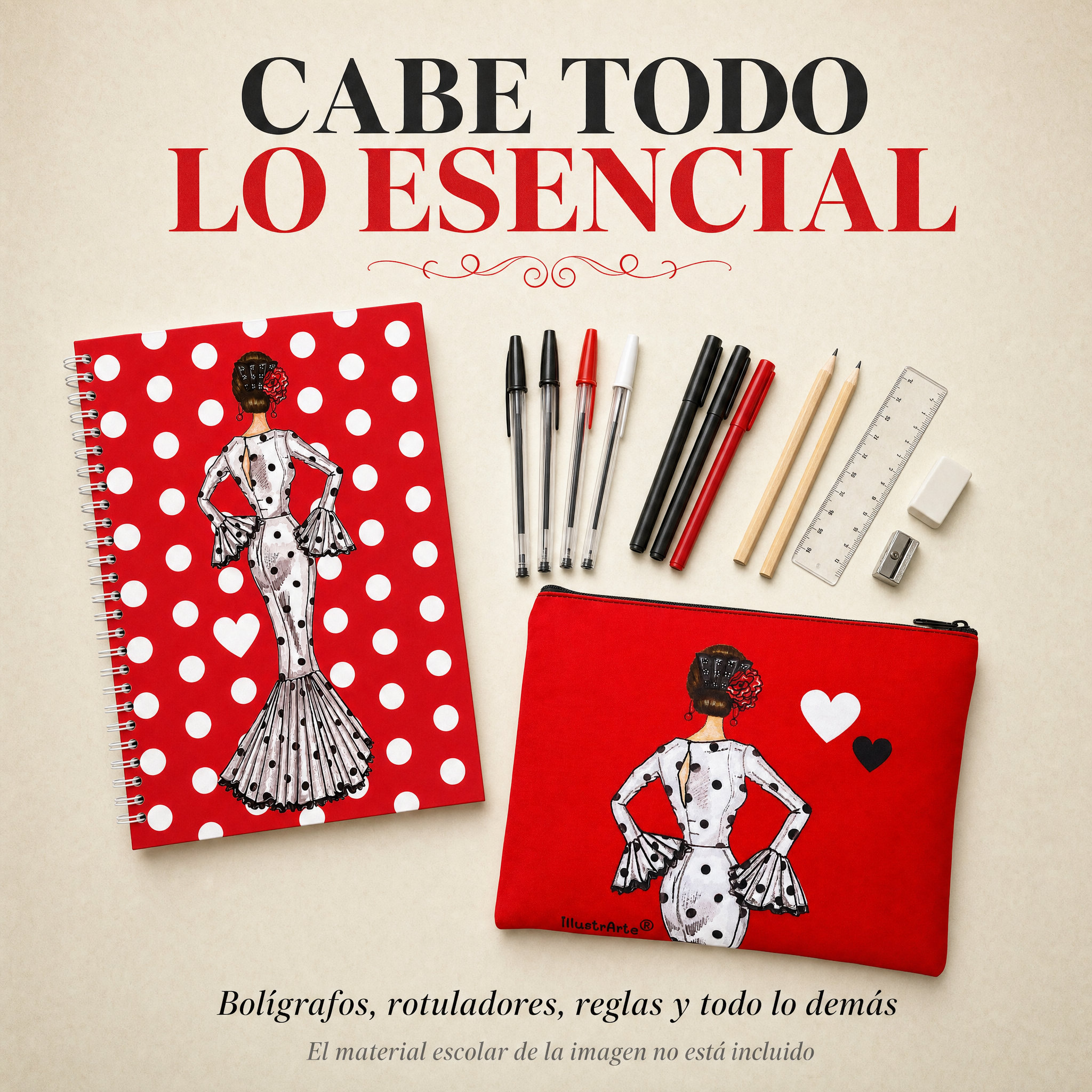 Capacidad del estuche con material escolar, diseño María Blanco Fondo Rojo