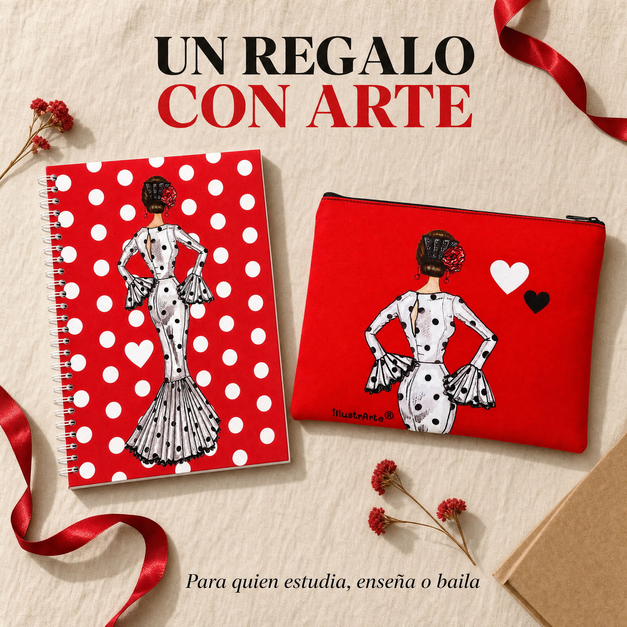 Pack María Blanco Fondo Rojo presentado como idea de regalo