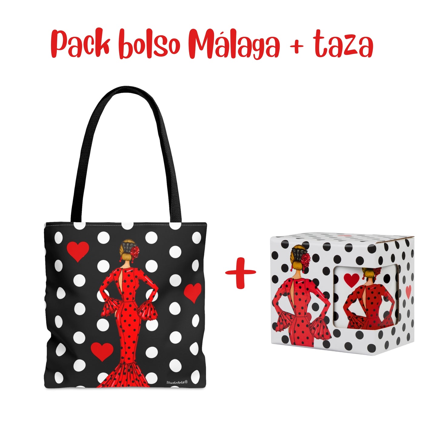 Pack Bolsa “María” Málaga rojo + Taza “María” rojo – Set flamenco con mucho arte illustrArte