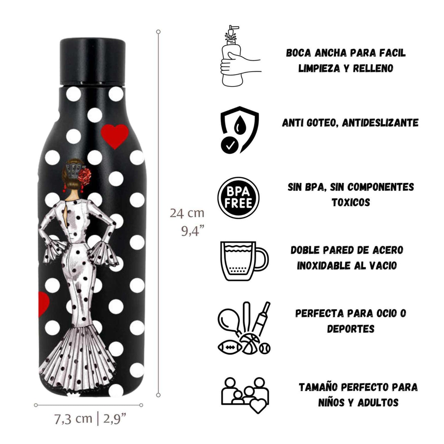 Pack Regalo Flamenca María Blanco – Botella Térmica Negra con Vestido Blanco + Bolso Málaga “María Blanco Fondo Negro”