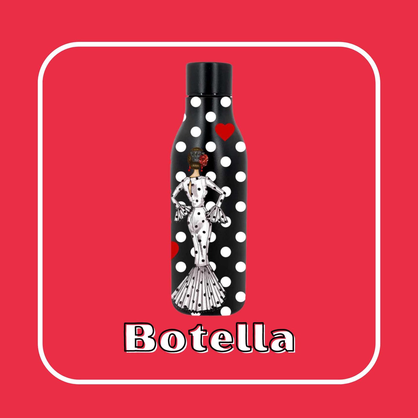 Flamenco Gift Set Maria – Black Thermal Bottle with White Dress + Granada Toiletry Bag “María White Red Background”
