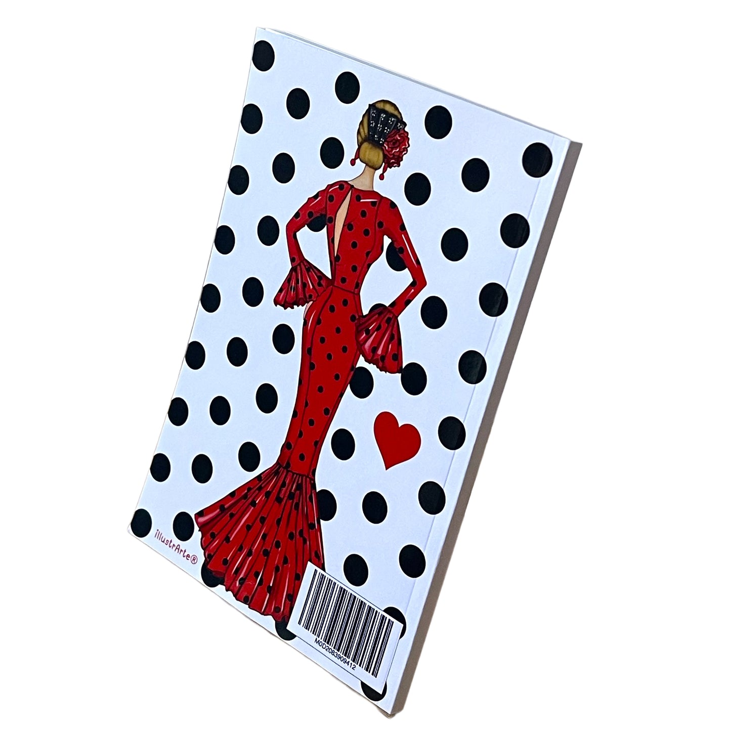 Cuaderno Flamenco “María – Fondo Blanco con Lunares Negros” – 6×9” (15,24×22,86 cm) – 120 Páginas Rayadas – Diseño illustrArte