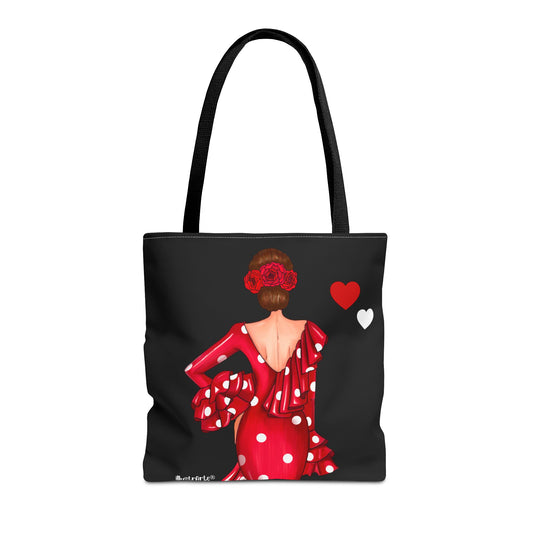 👜 illustrArte Bolsa Tote Málaga Diseño Flamenca “Macarena” Roja con Lunares | Poliéster 400 g/m² (43 x 43 cm) | Impresión a Doble Cara | Asas de 60 cm | Bolso Reutilizable y Resistente