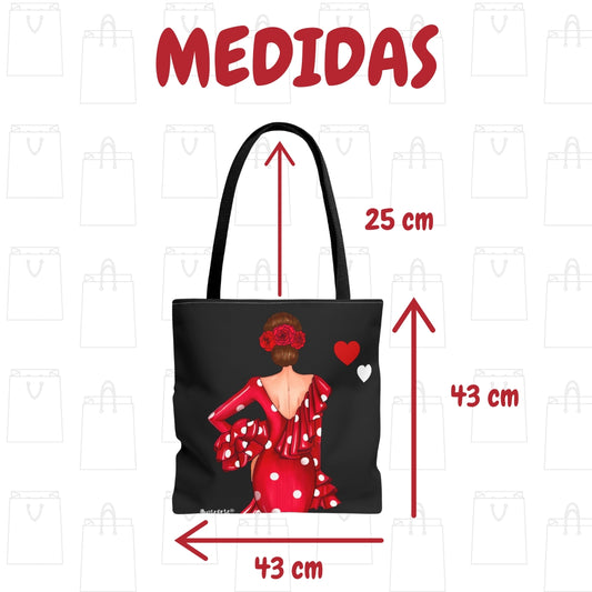 👜 illustrArte Bolsa Tote Málaga Diseño Flamenca “Macarena” Roja con Lunares | Poliéster 400 g/m² (43 x 43 cm) | Impresión a Doble Cara | Asas de 60 cm | Bolso Reutilizable y Resistente