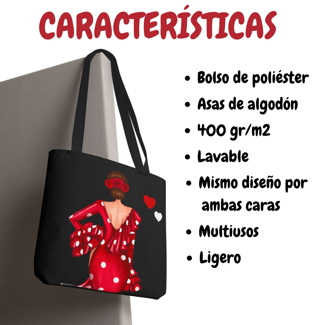 👜 illustrArte Bolsa Tote Málaga Diseño Flamenca “Macarena” Roja con Lunares | Poliéster 400 g/m² (43 x 43 cm) | Impresión a Doble Cara | Asas de 60 cm | Bolso Reutilizable y Resistente