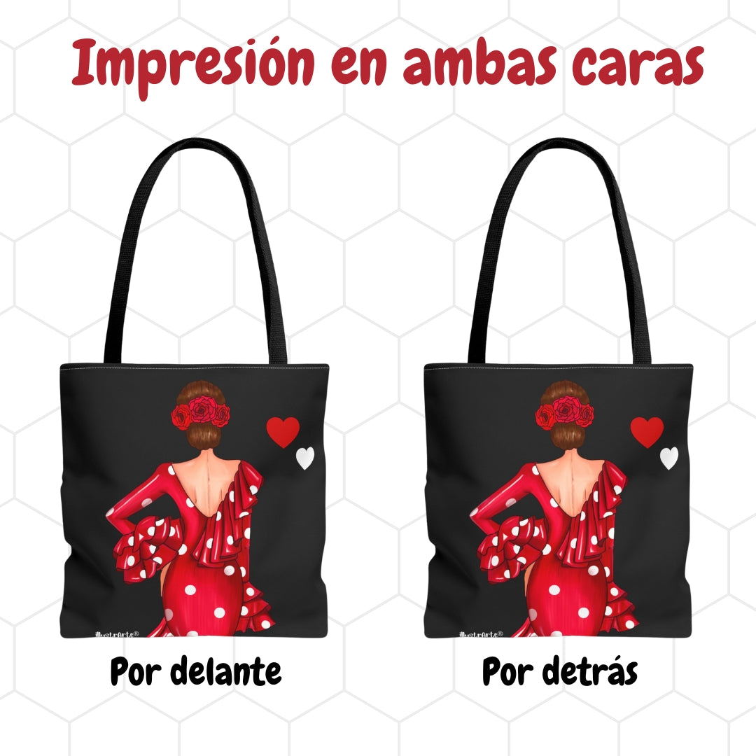👜 illustrArte Bolsa Tote Málaga Diseño Flamenca “Macarena” Roja con Lunares | Poliéster 400 g/m² (43 x 43 cm) | Impresión a Doble Cara | Asas de 60 cm | Bolso Reutilizable y Resistente