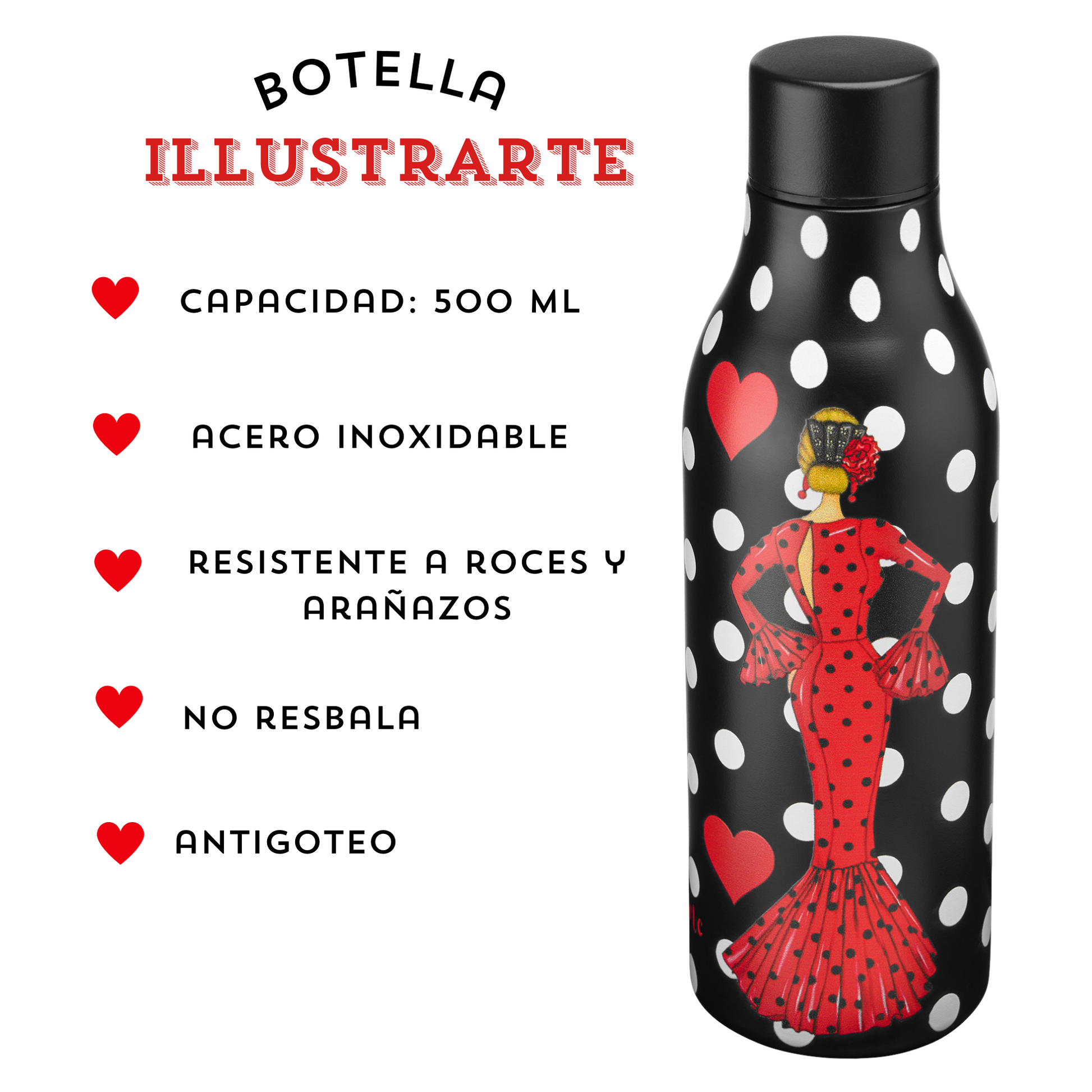 una botella de lunares en blanco y negro con una mujer en un vestido rojo