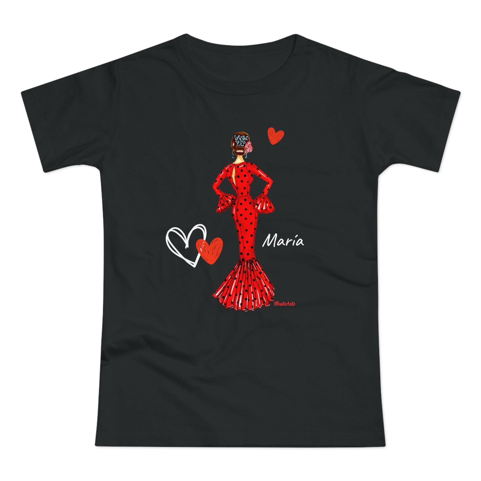 una camiseta negra con una mujer en un vestido rojo