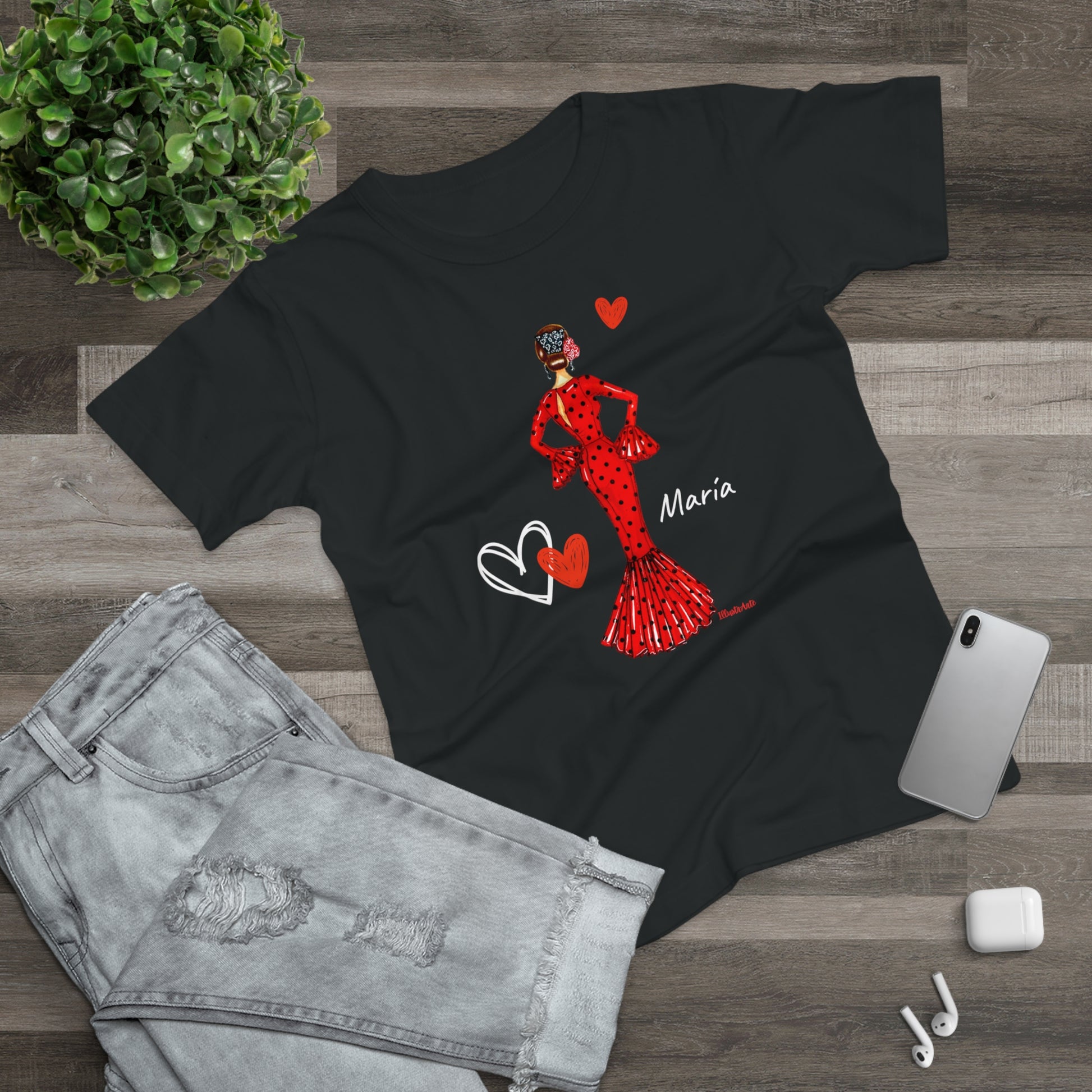 una camiseta con una imagen de una mujer en un vestido rojo