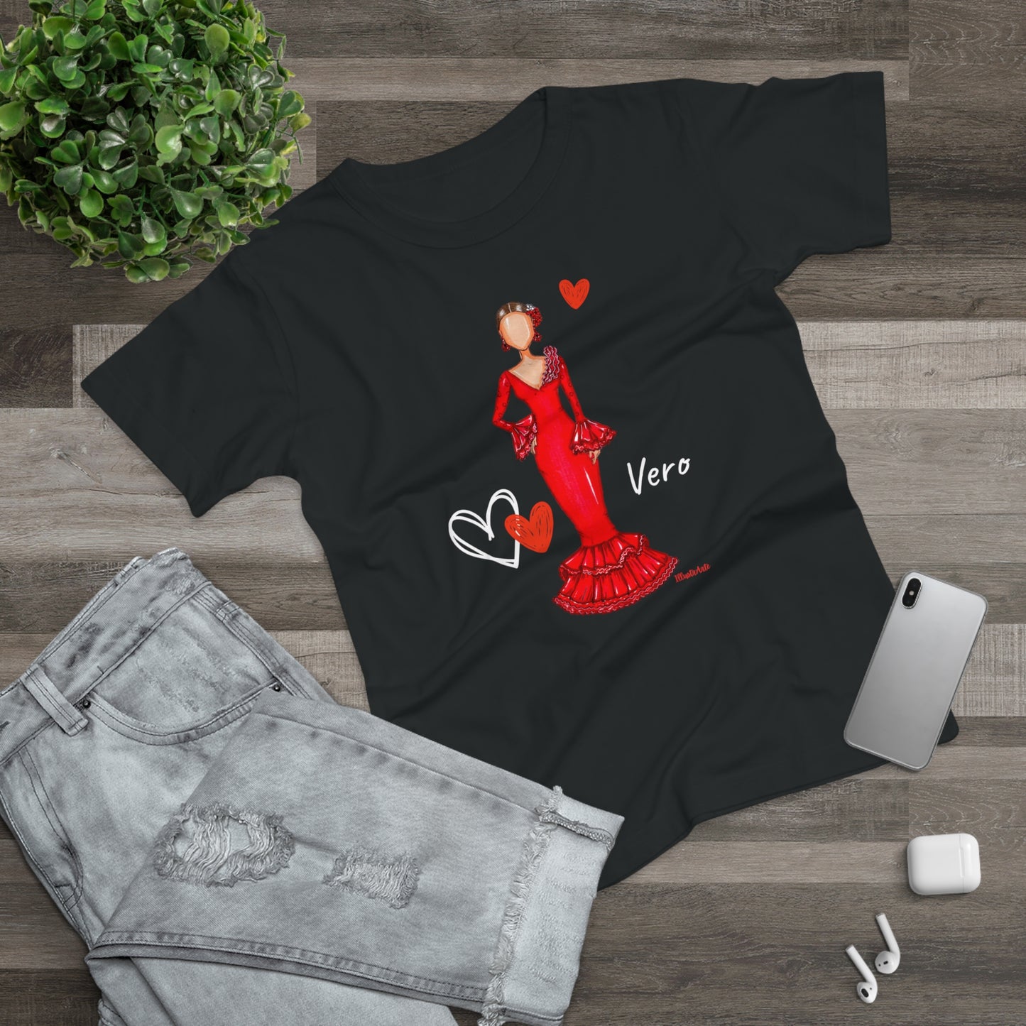 a t - shirt with a picture of a woman in a red dress