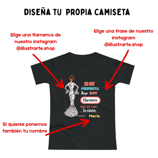 Camiseta Flamenca Personalizable “María blanco con frase” – Diseño Flamenco Original – Camiseta Negra Mujer