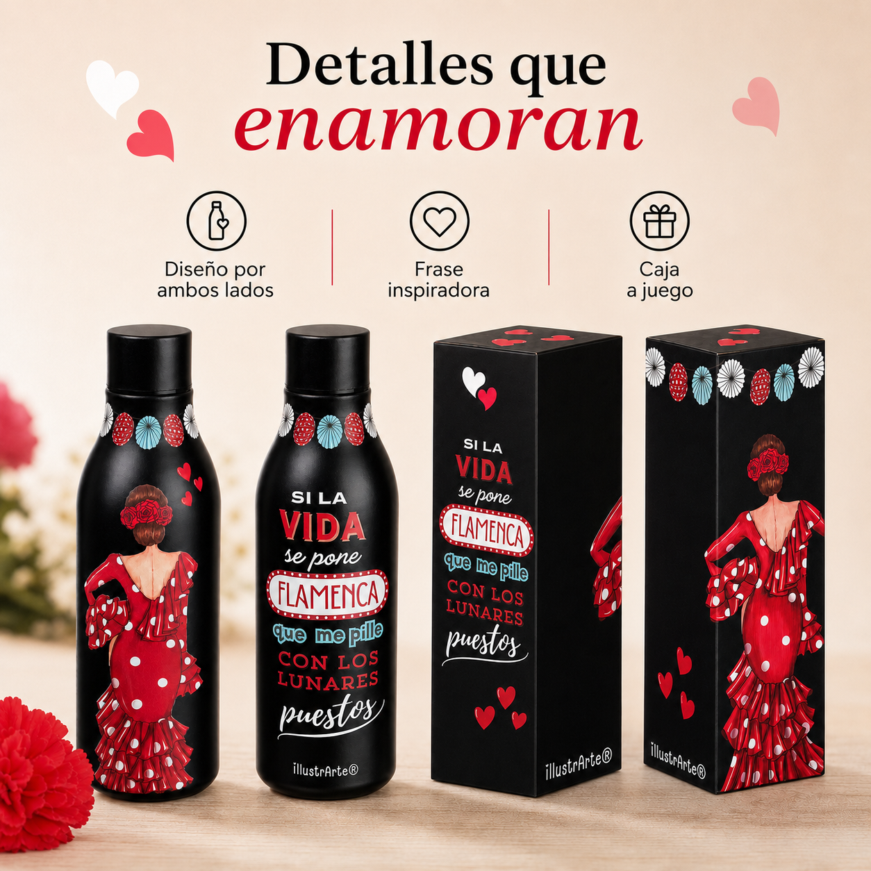Botella térmica illustrArte 500 ml – diseño Macarena – ilustración por ambos lados, frase inspiradora y caja a juego – vista 6