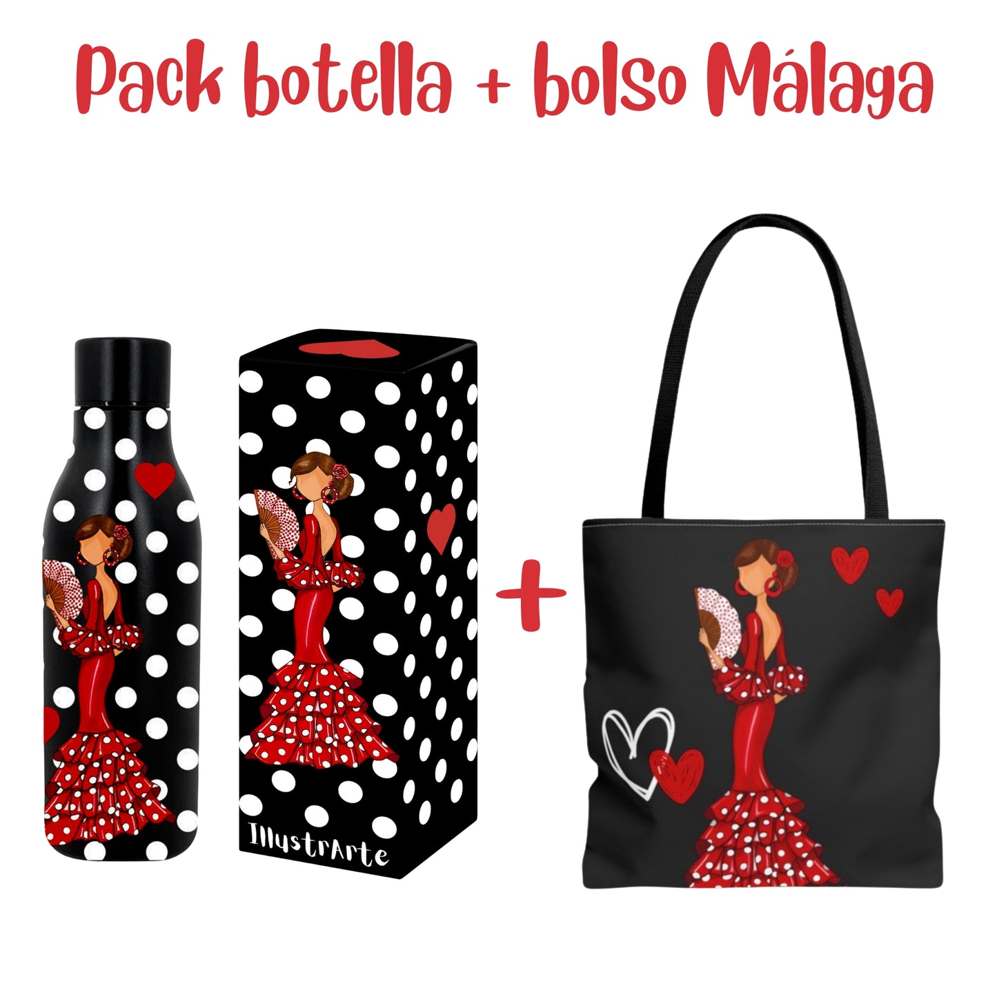 Pack Regalo Flamenca Pepa – Botella Térmica Negra con Vestido Rojo + Bolso Málaga “Pepa Vestido Rojo”